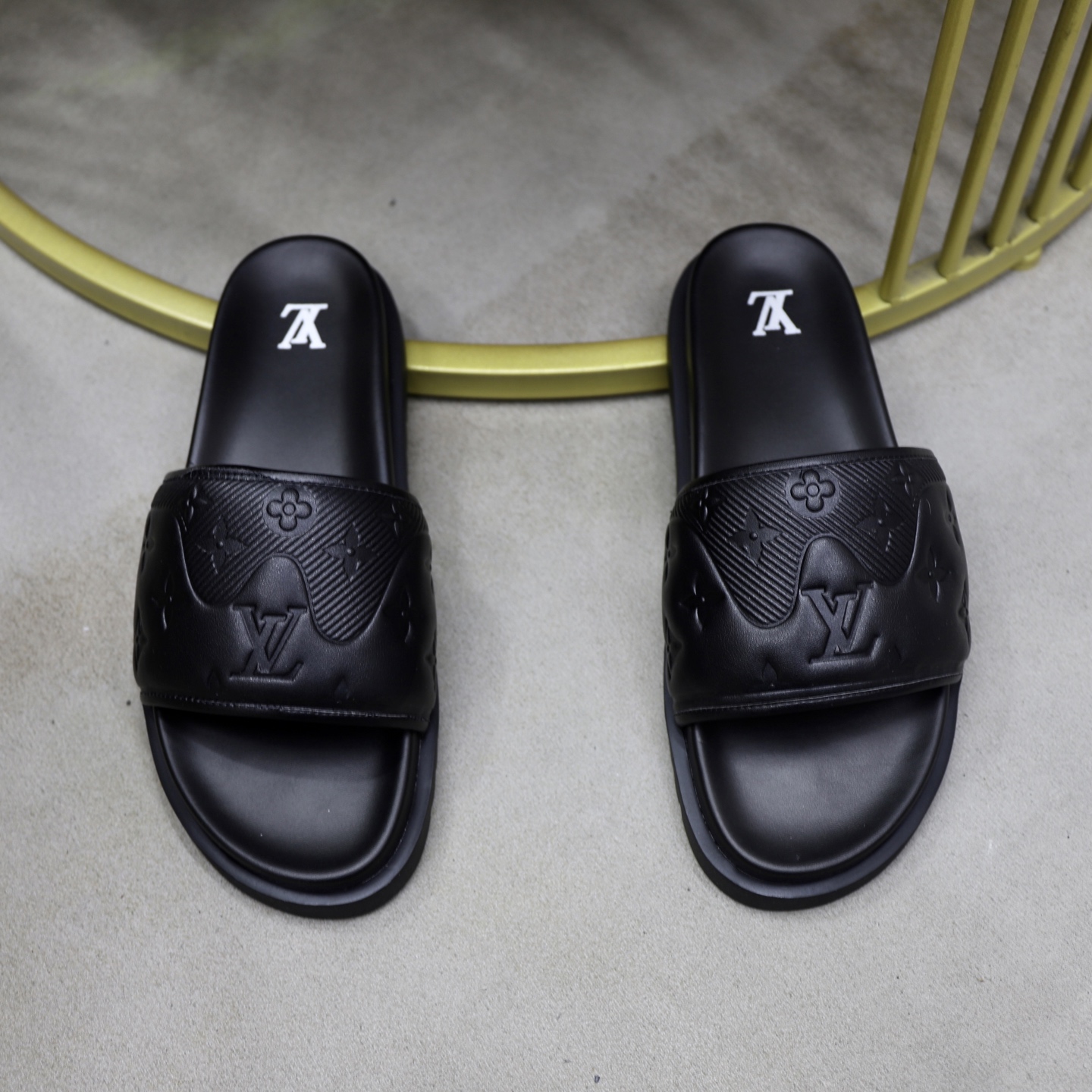 Louis Vuitton Men's Black Leather Monogram Embossed Logo Slide Sandals 4 i1742833237433 4859 0 2