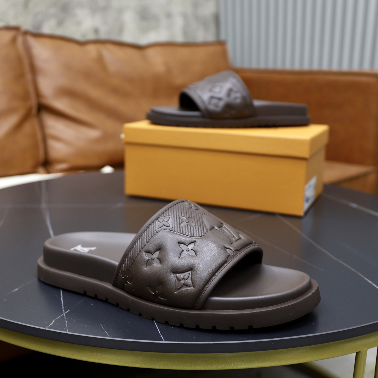 Louis Vuitton Men's Brown Leather Slide Sandals, Size 38-44 9 i1742833262121 5858 0 7
