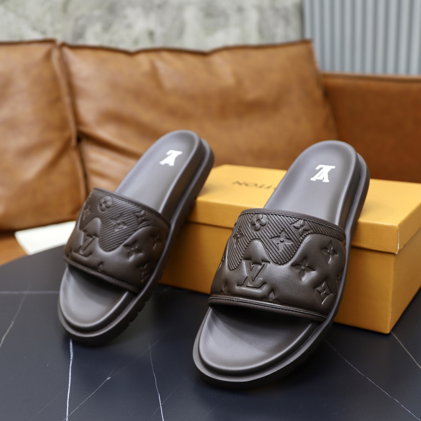 Louis Vuitton Men's Brown Leather Slide Sandals, Size 38-44 7 i1742833262132 6920 0 5