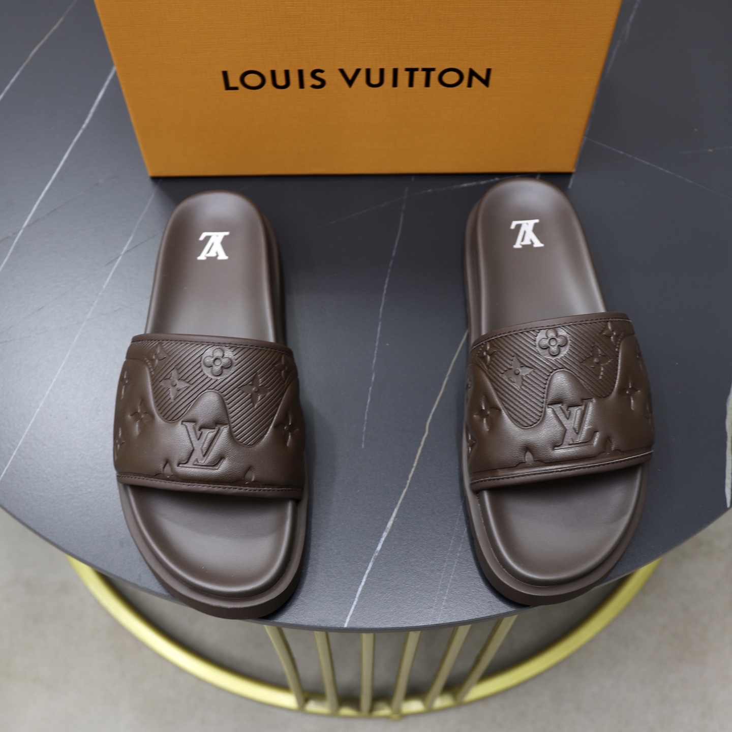 Louis Vuitton Men's Brown Leather Slide Sandals, Size 38-44 1 Louis Vuitton Men's Brown Leather Slide Sandals, Size 38-44