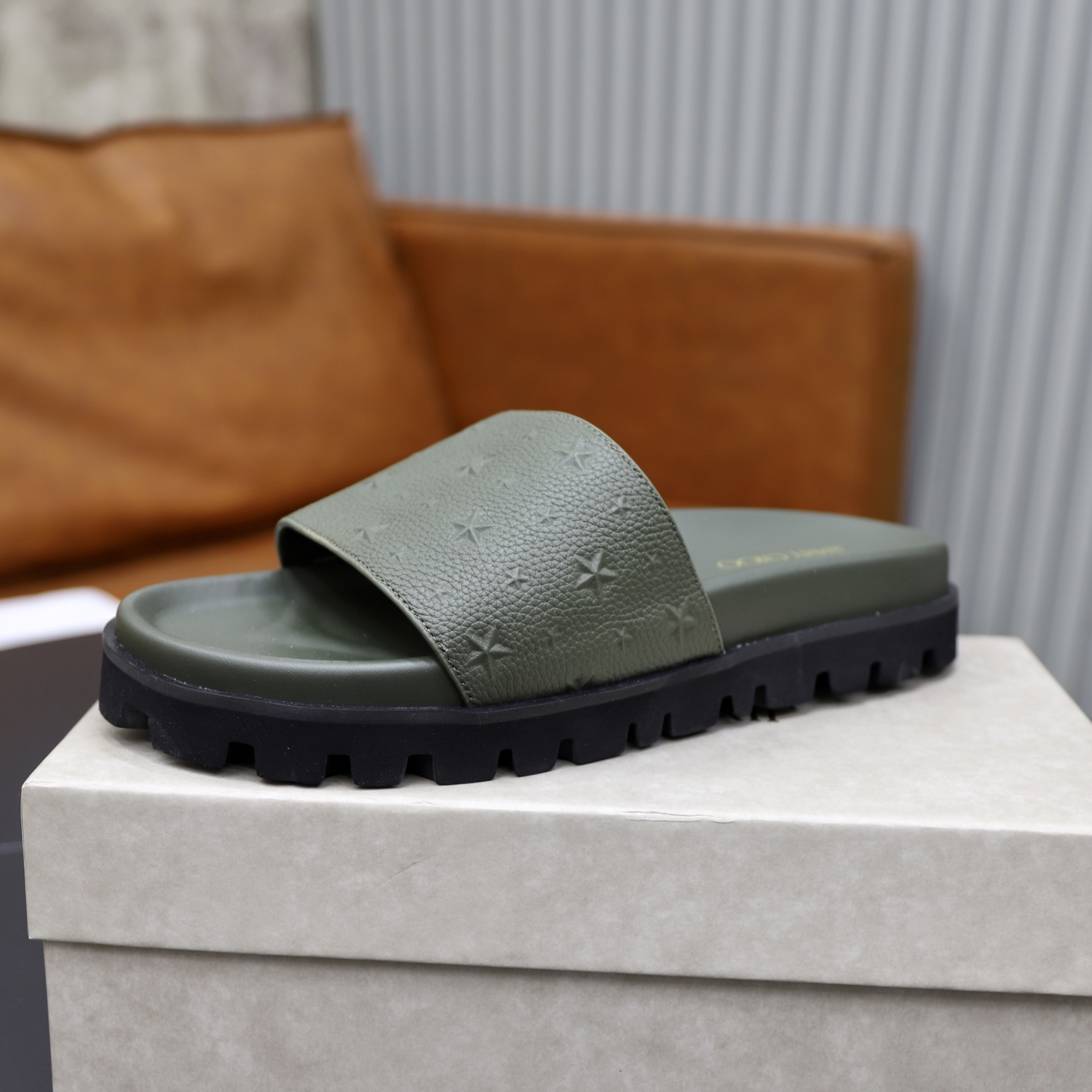 Jimmy Choo Florent Olive Green Star Embossed Leather Slides - Men's Summer Style 5 i1743523952504 3453 0 3