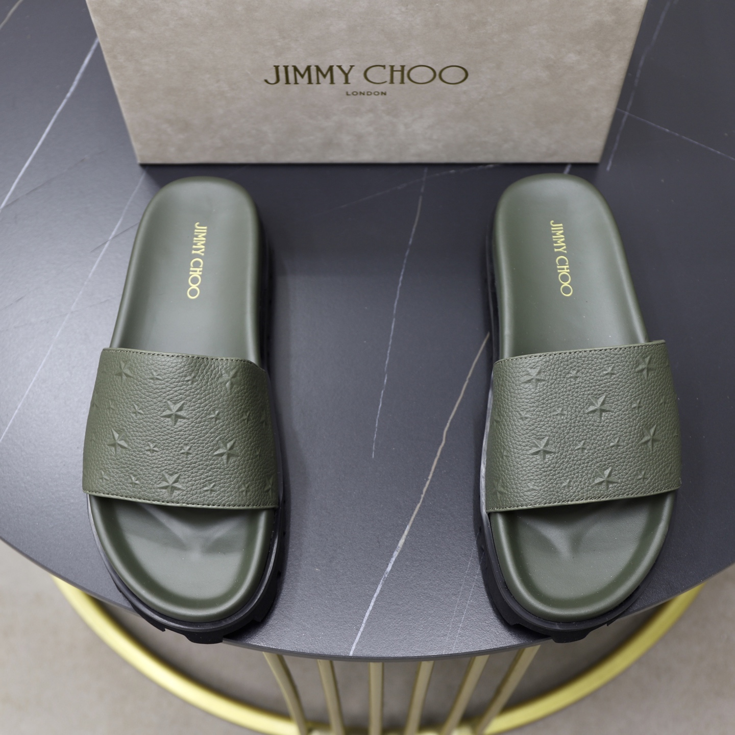 Jimmy Choo Florent Olive Green Star Embossed Leather Slides - Men's Summer Style 1 Jimmy Choo Florent Olive Green Star Embossed Leather Slides - Men's Summer Style