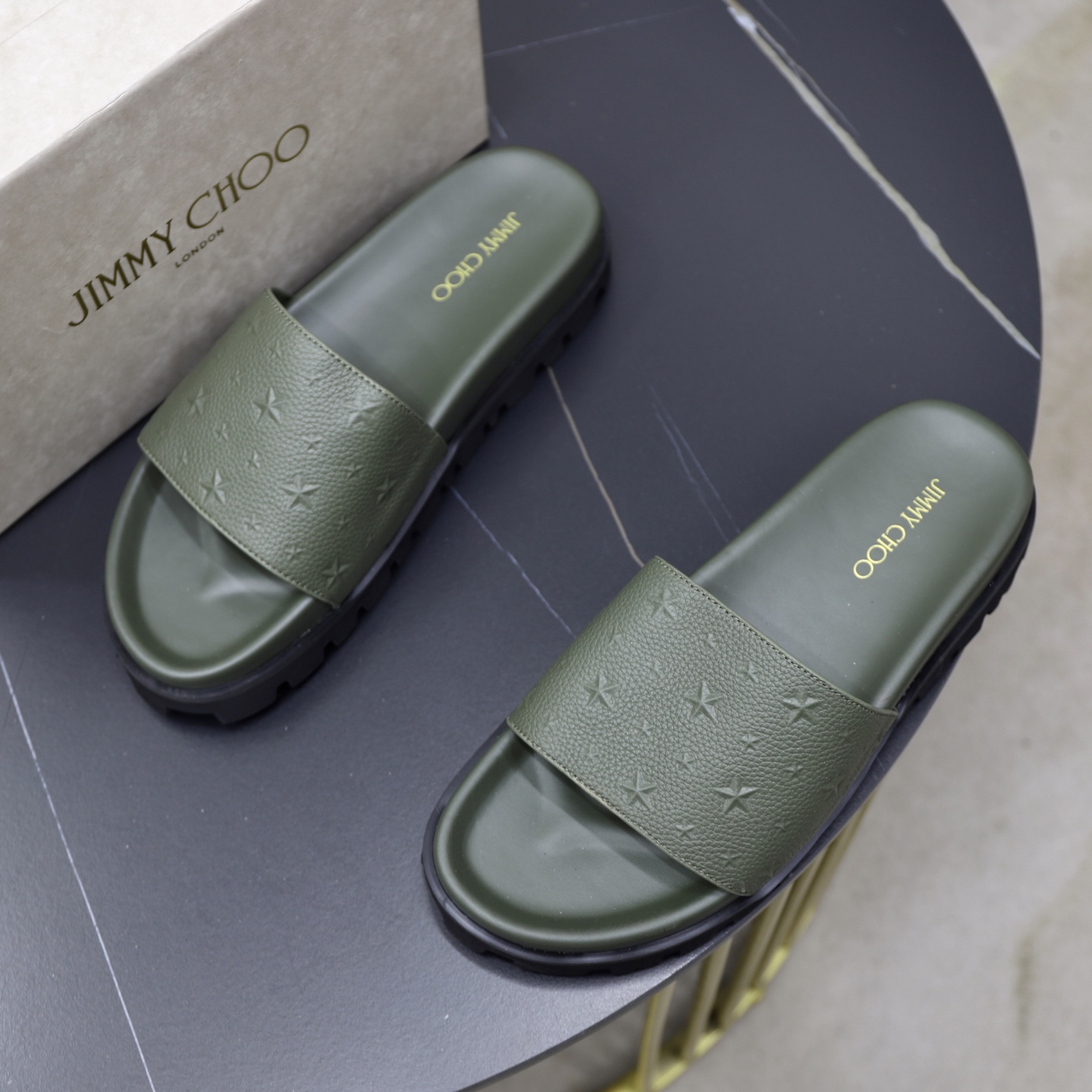 Jimmy Choo Florent Olive Green Star Embossed Leather Slides - Men's Summer Style 3 i1743523952569 3521 0 1