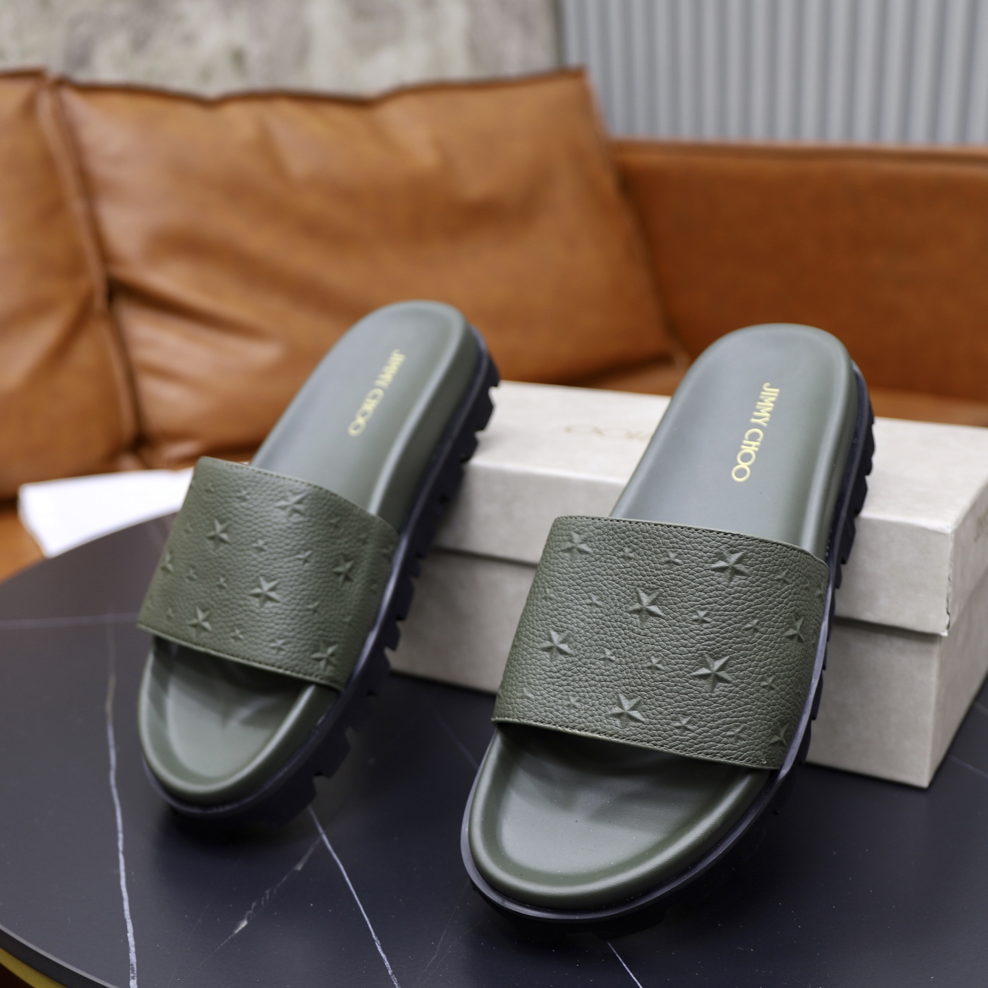 Jimmy Choo Florent Olive Green Star Embossed Leather Slides - Men's Summer Style 7 i1743523953682 8383 0 5