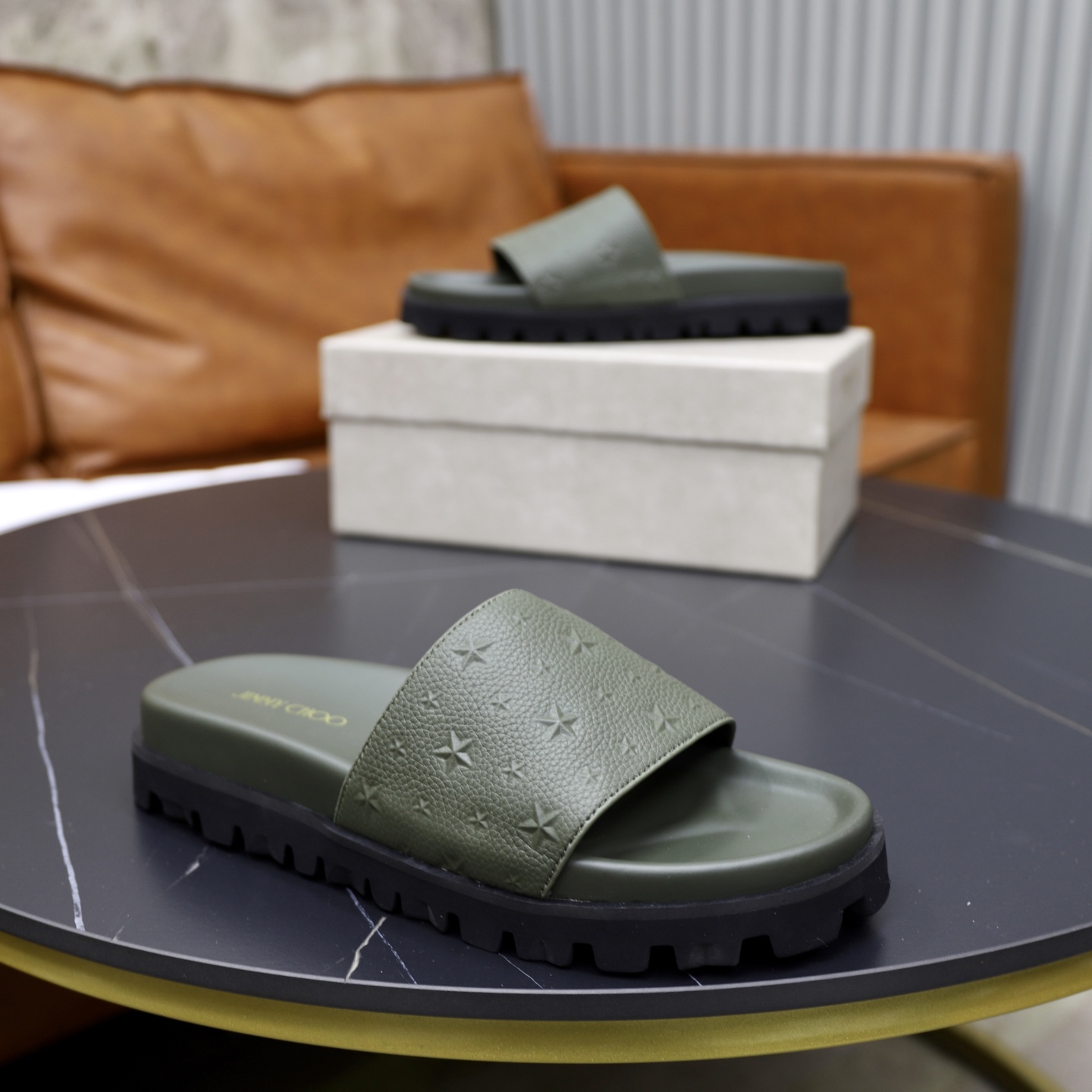 Jimmy Choo Florent Olive Green Star Embossed Leather Slides - Men's Summer Style 9 i1743523953687 5976 0 7