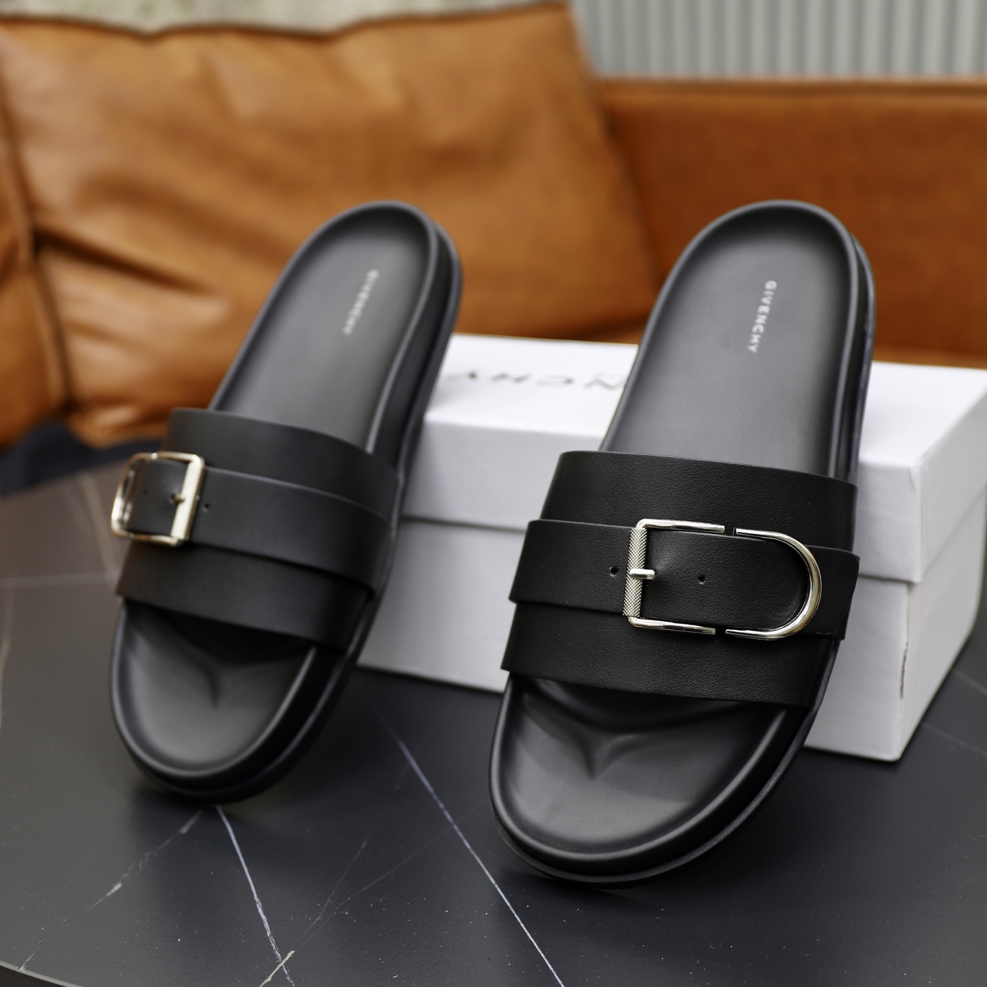 Givenchy Men's Black Leather Buckle Detail Slides Sandals Size EU 38-44 7 i1743524042169 8048 0 5