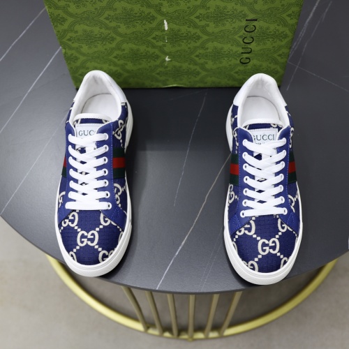 Gucci Men's GG Supreme Canvas Lace-Up Sneakers, Blue with Iconic Stripe 1 Gucci Men's GG Supreme Canvas Lace-Up Sneakers, Blue with Iconic Stripe