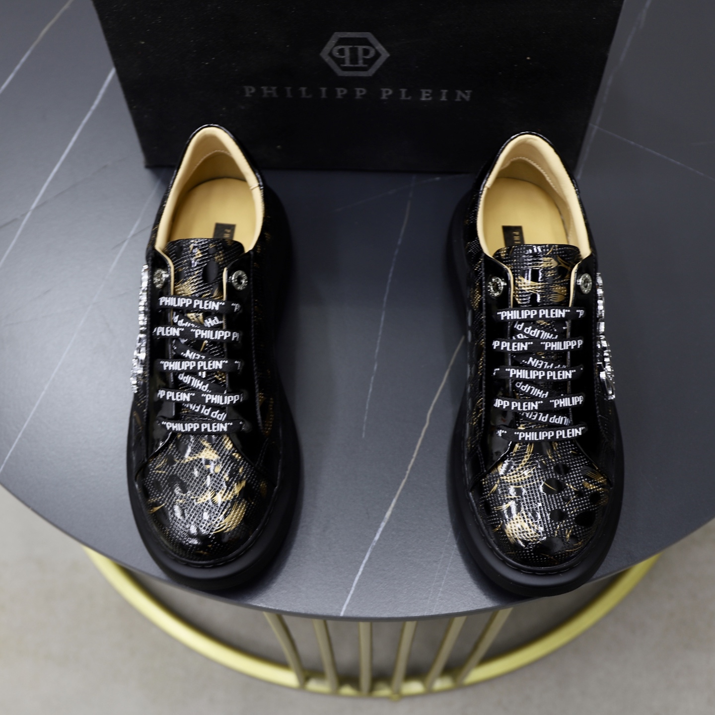 Philipp Plein Men's Black Leather Sneakers with Gold Pattern, Size 38-44 1 Philipp Plein Men's Black Leather Sneakers with Gold Pattern, Size 38-44