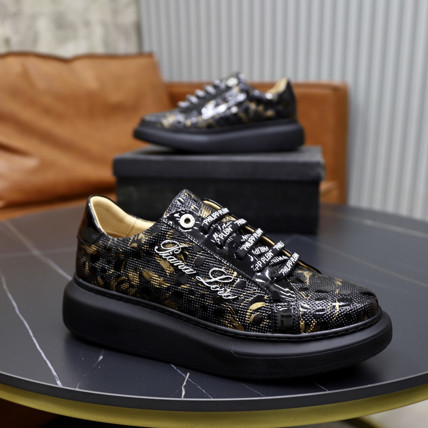 Philipp Plein Men's Black Leather Sneakers with Gold Pattern, Size 38-44 9 i1743609903201 4421 0 7