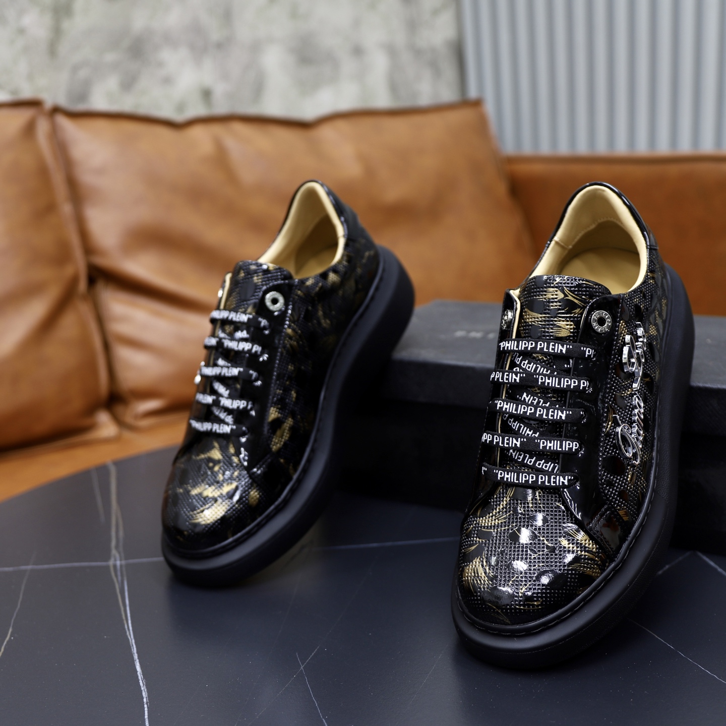 Philipp Plein Men's Black Leather Sneakers with Gold Pattern, Size 38-44 7 i1743609904317 8023 0 5