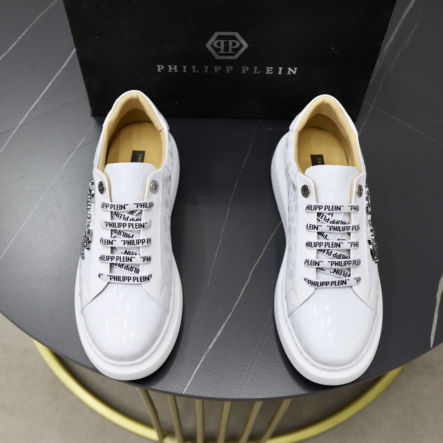 Philipp Plein White Leather Sneakers with Rhinestone Embellishments 1 Philipp Plein White Leather Sneakers with Rhinestone Embellishments