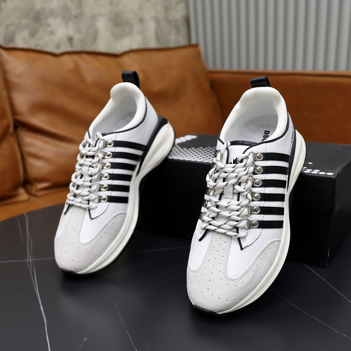 Dsquared2 Men's White Leather and Textile Sneakers with Striped Design 7 i1743955760003 6488 0 5
