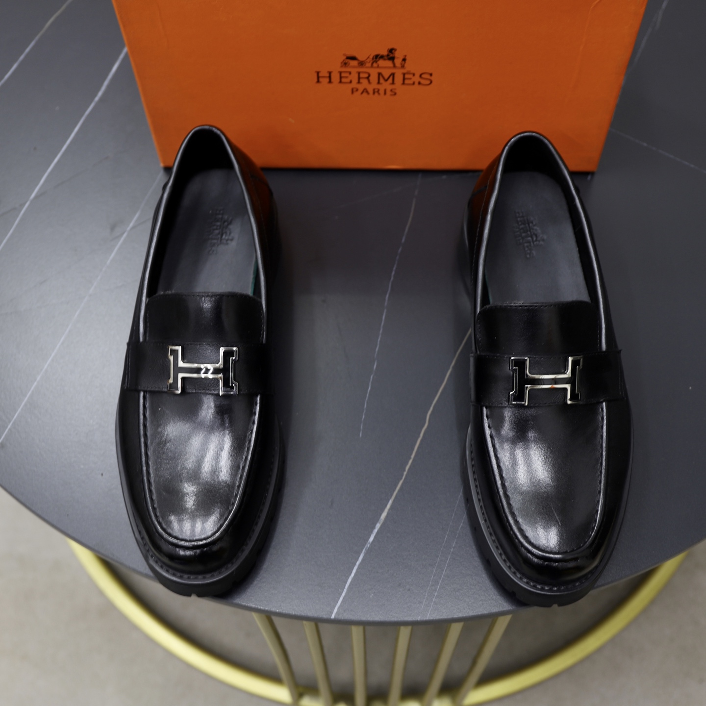 Hermes Men's Leather Loafers with Silver H Buckle - Classic Style 1 Hermes Men's Leather Loafers with Silver H Buckle - Classic Style