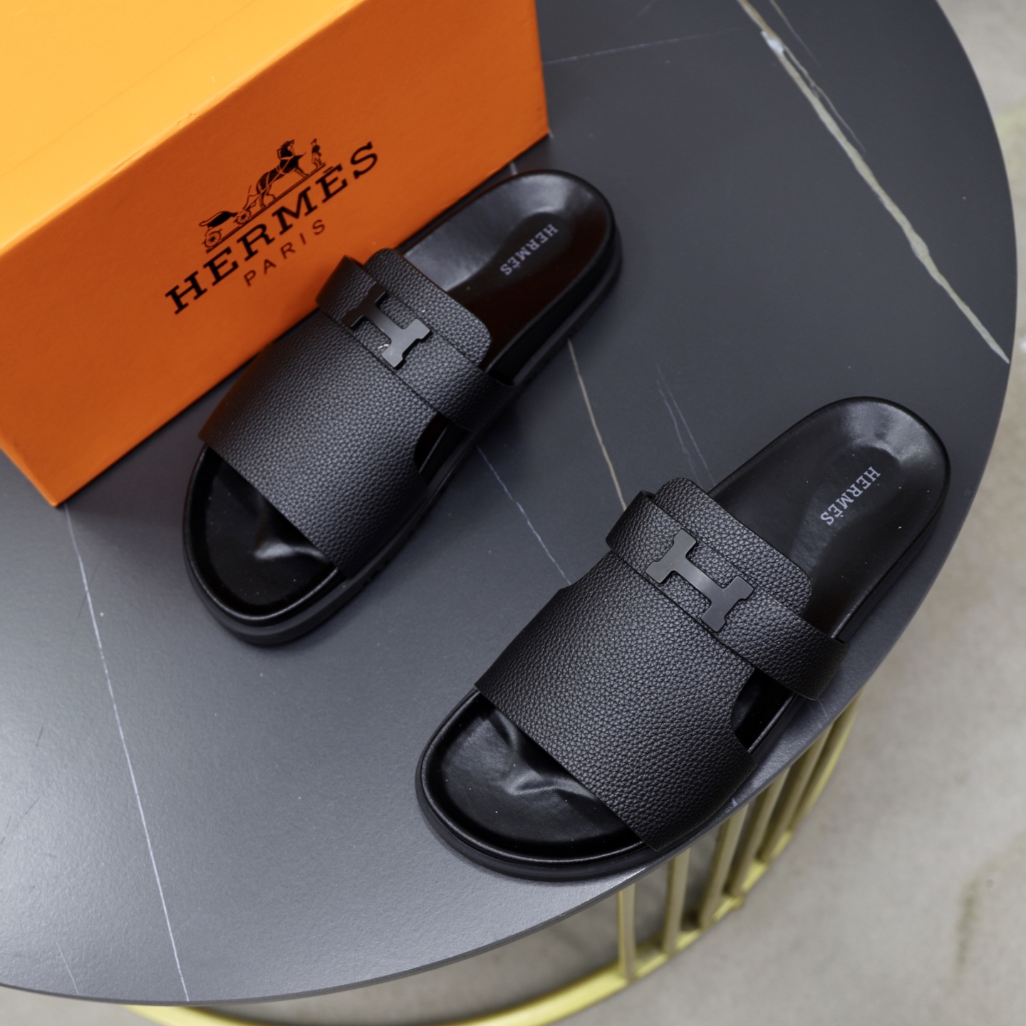 Hermes Men's Black Leather Sandals | Designer Slides, Sizes 39-44 3 i1744647097837 6813 0 1