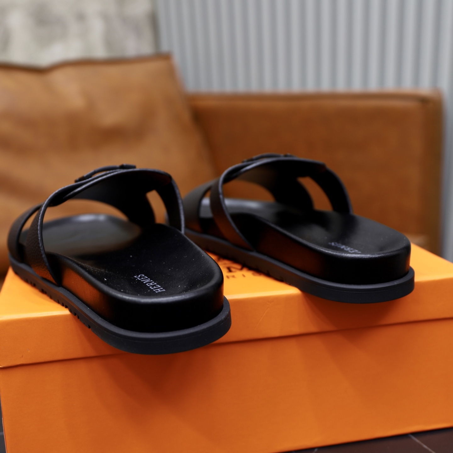 Hermes Men's Black Leather Sandals | Designer Slides, Sizes 39-44 6 i1744647097855 9108 0 4