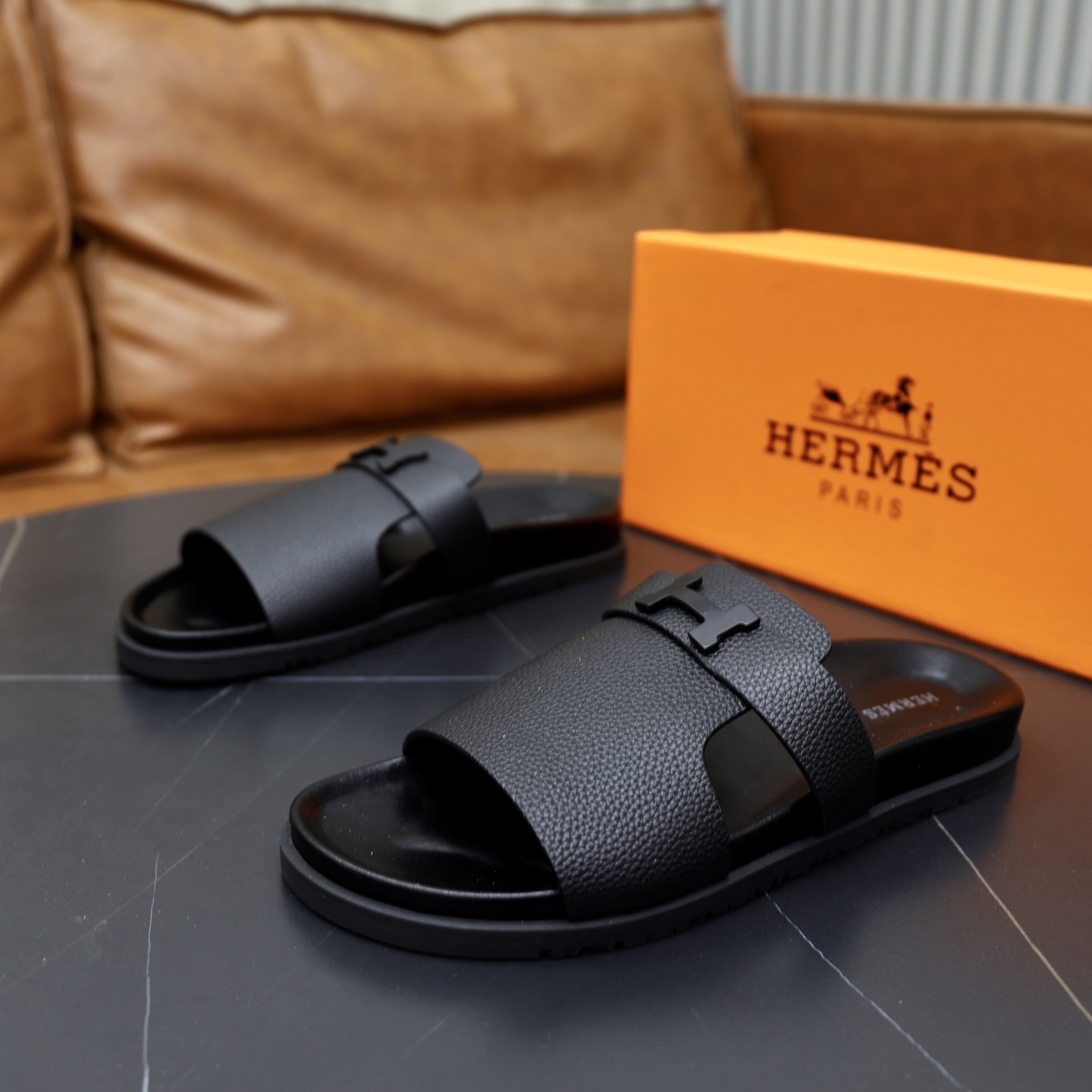 Hermes Men's Black Leather Sandals | Designer Slides, Sizes 39-44 10 i1744647099002 732 0 8