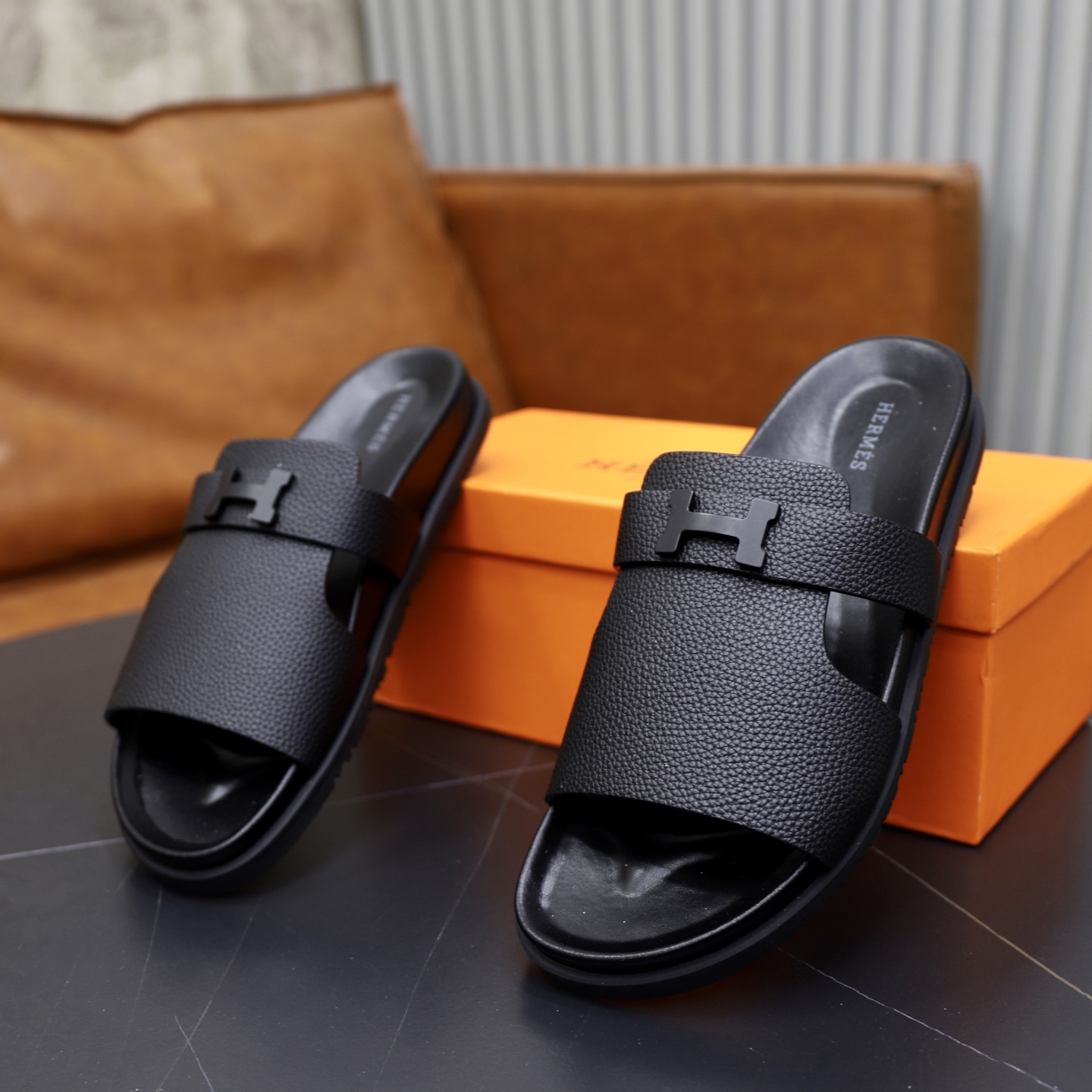 Hermes Men's Black Leather Sandals | Designer Slides, Sizes 39-44 7 i1744647099038 7469 0 5