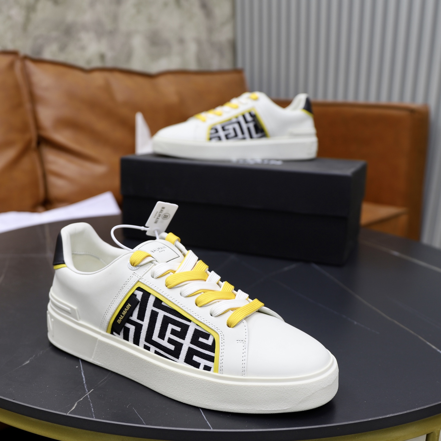 Balmain Men's White Leather Sneakers With Yellow Laces, Size 39-44 9 i1744733438377 5695 0 7