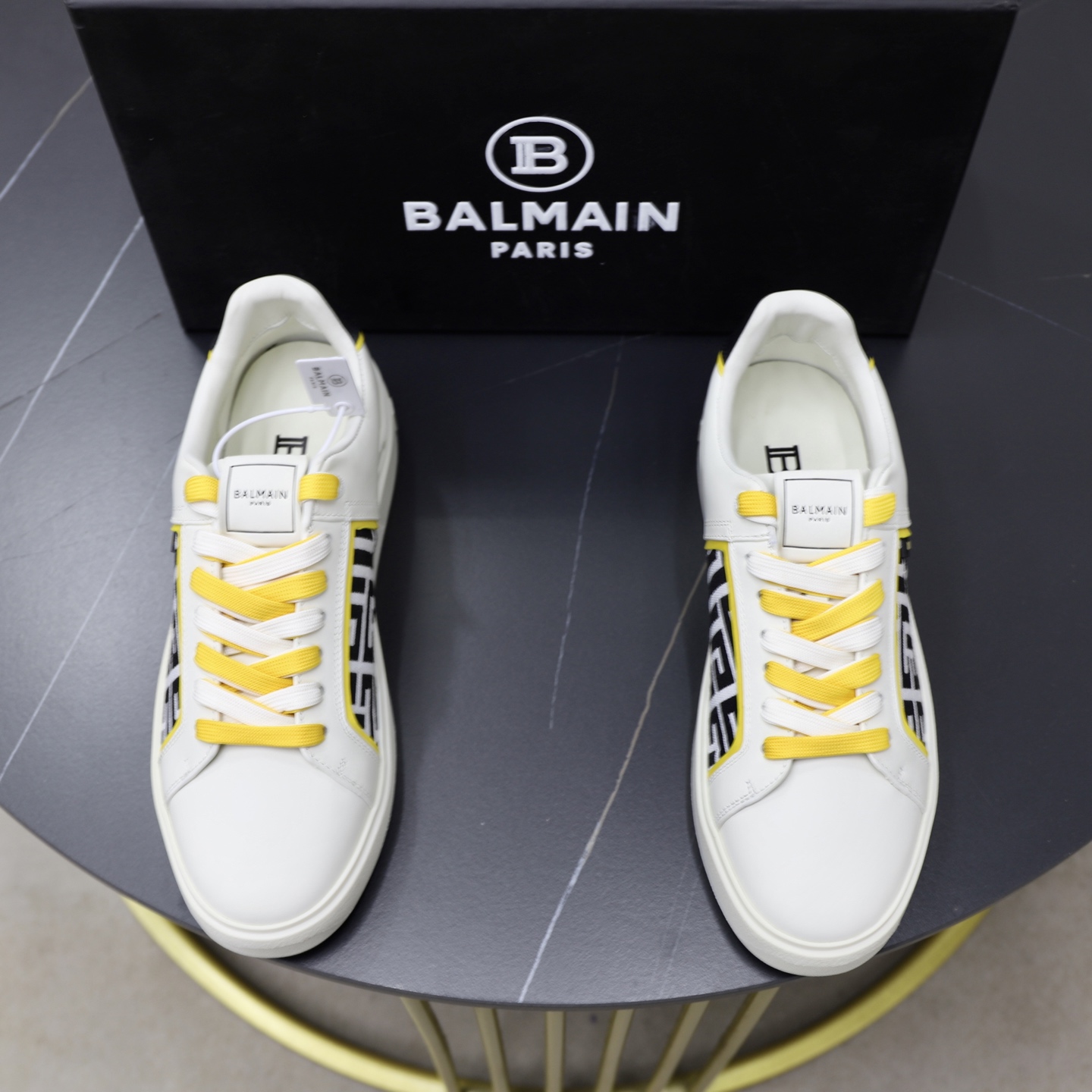 Balmain Men's White Leather Sneakers With Yellow Laces, Size 39-44 1 Balmain Men's White Leather Sneakers With Yellow Laces, Size 39-44