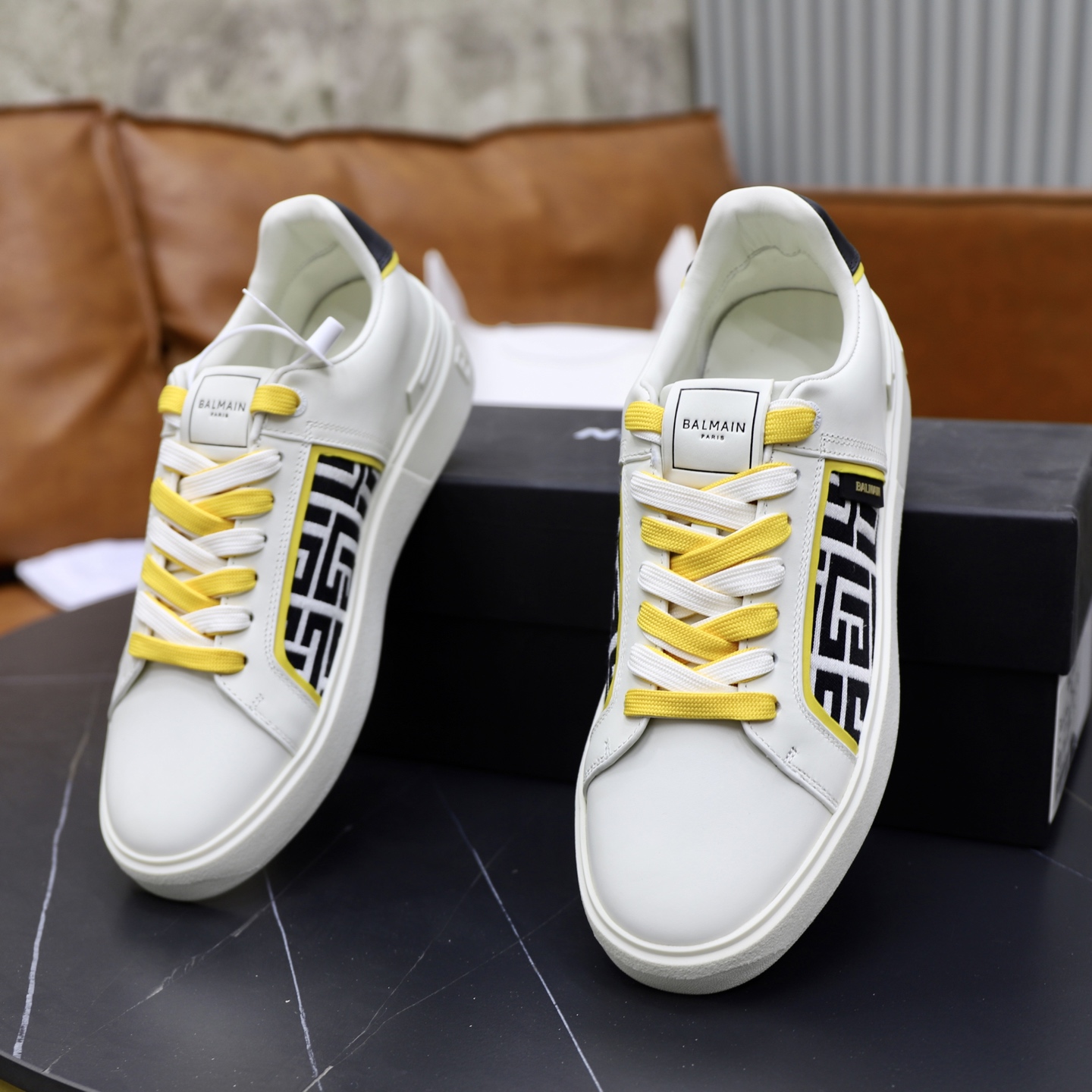 Balmain Men's White Leather Sneakers With Yellow Laces, Size 39-44 7 i1744733439537 4794 0 5