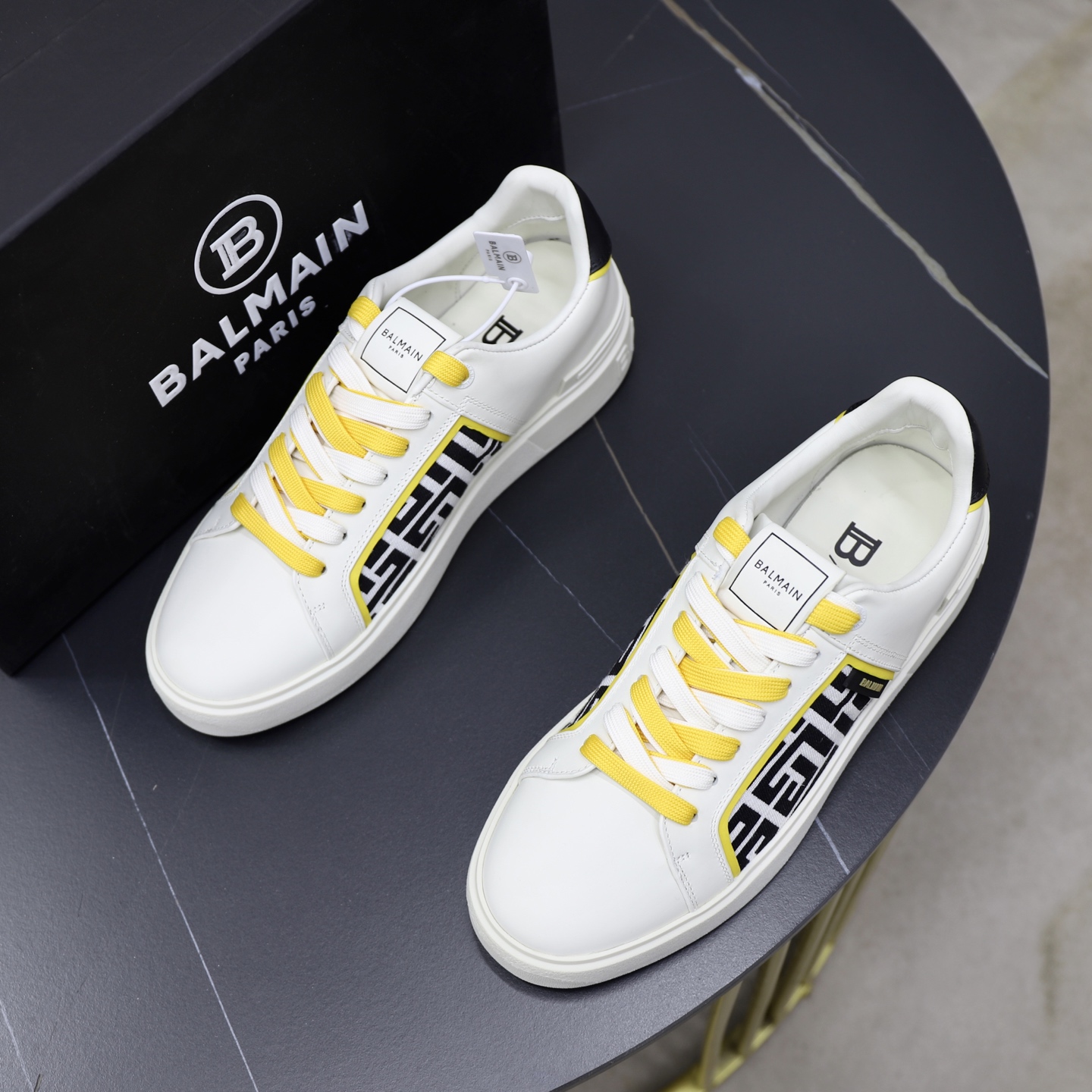 Balmain Men's White Leather Sneakers With Yellow Laces, Size 39-44 3 i1744733439548 756 0 1