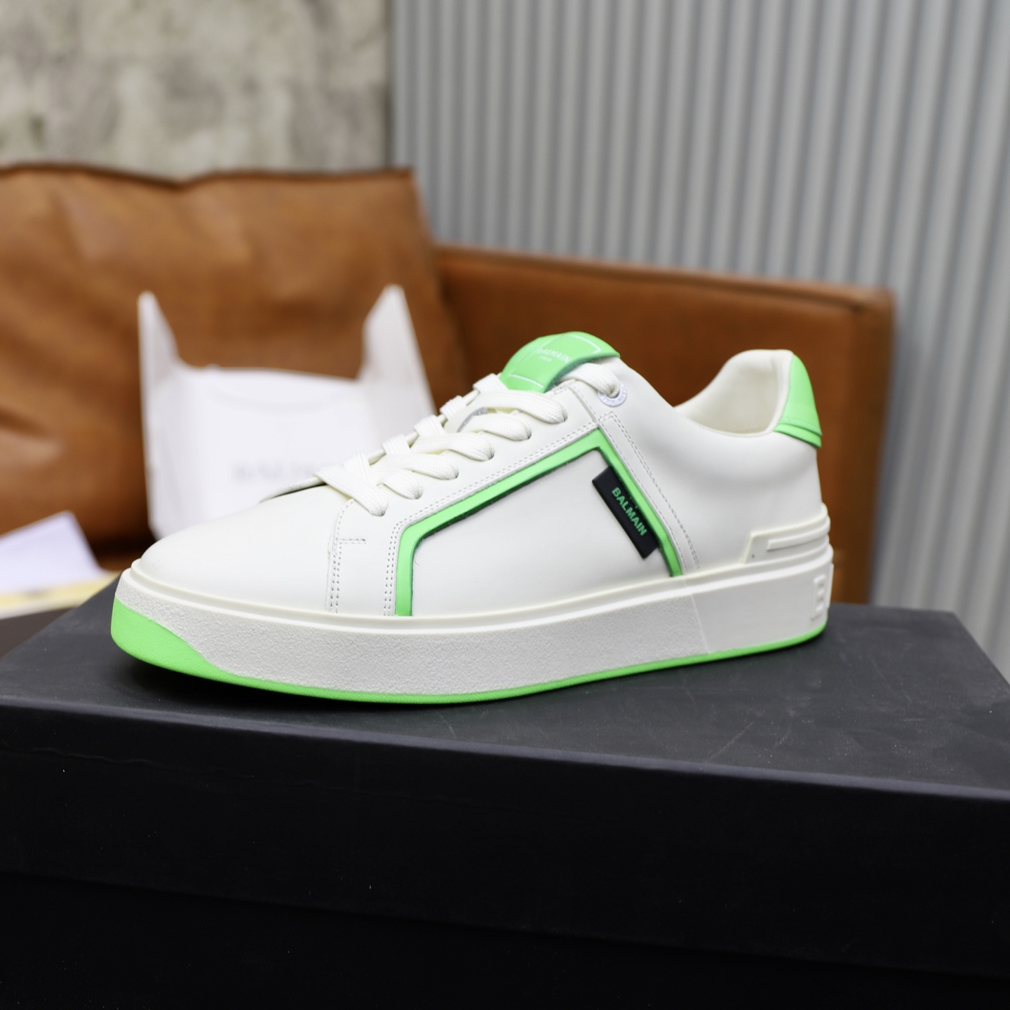 Balmain Men's White Leather Sneaker with Neon Green Trim, Sizes 39-44 5 i1744733495031 2988 0 3