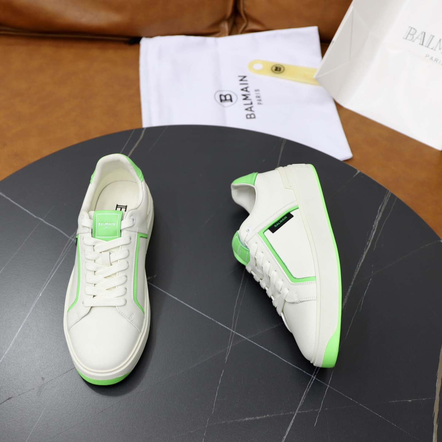 Balmain Men's White Leather Sneaker with Neon Green Trim, Sizes 39-44 8 i1744733495070 7219 0 6