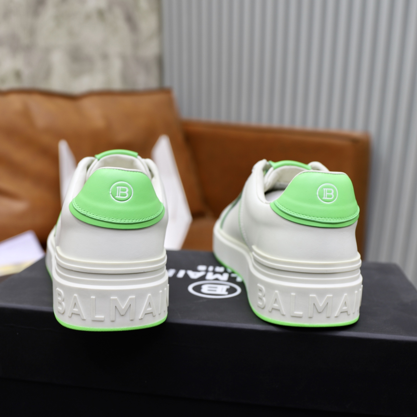 Balmain Men's White Leather Sneaker with Neon Green Trim, Sizes 39-44 6 i1744733495086 4144 0 4