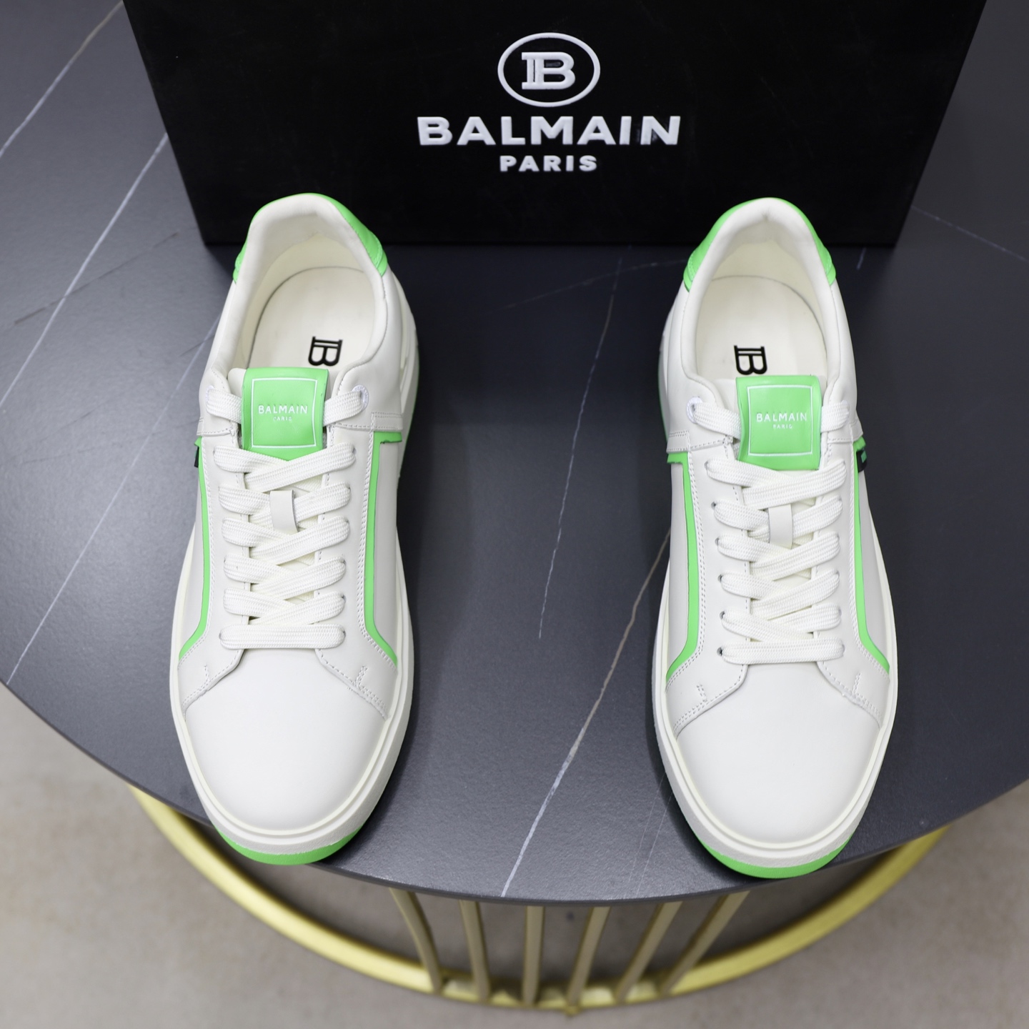 Balmain Men's White Leather Sneaker with Neon Green Trim, Sizes 39-44 1 Balmain Men's White Leather Sneaker with Neon Green Trim, Sizes 39-44