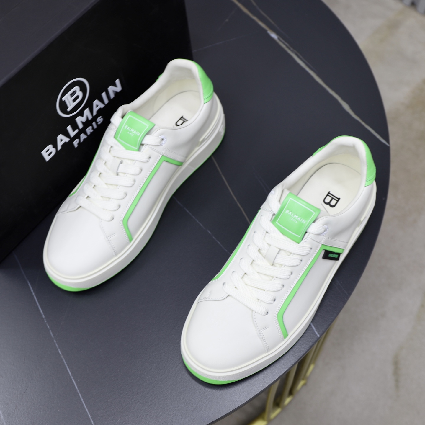 Balmain Men's White Leather Sneaker with Neon Green Trim, Sizes 39-44 3 i1744733496222 4281 0 1