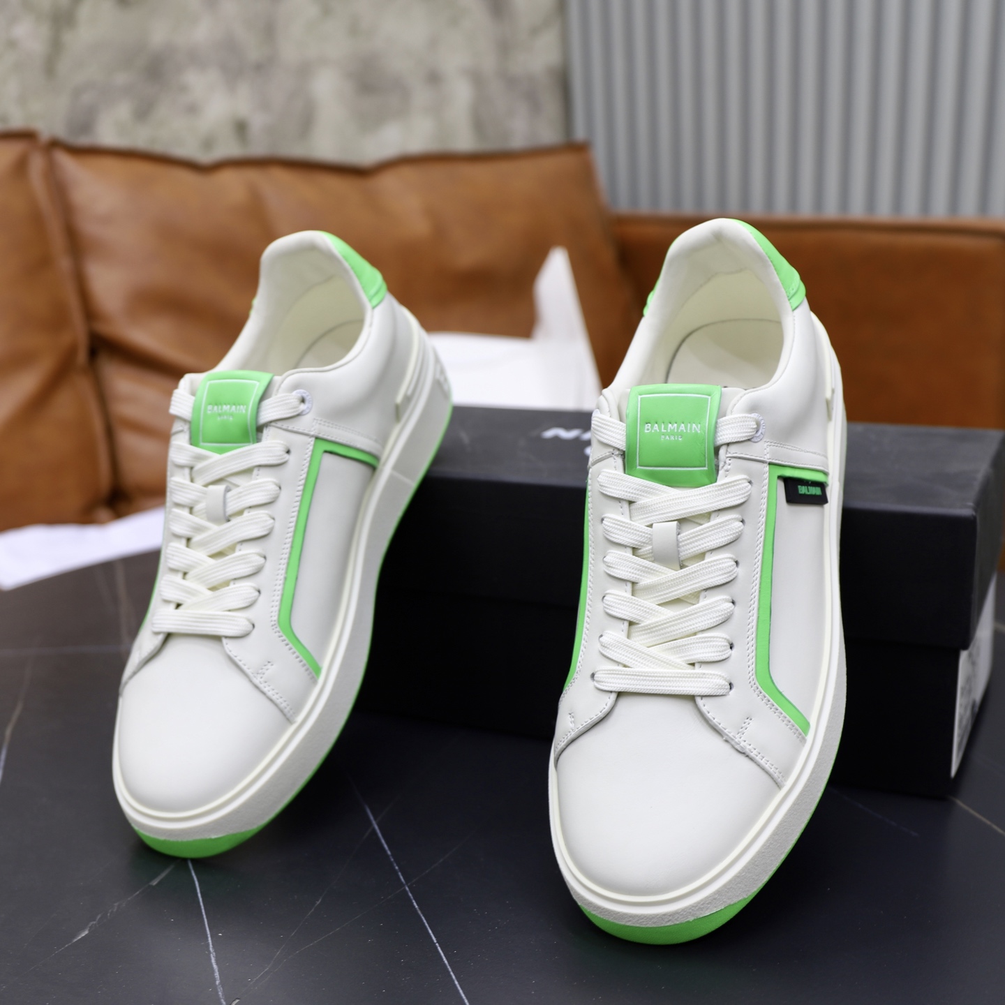 Balmain Men's White Leather Sneaker with Neon Green Trim, Sizes 39-44 7 i1744733496225 5009 0 5