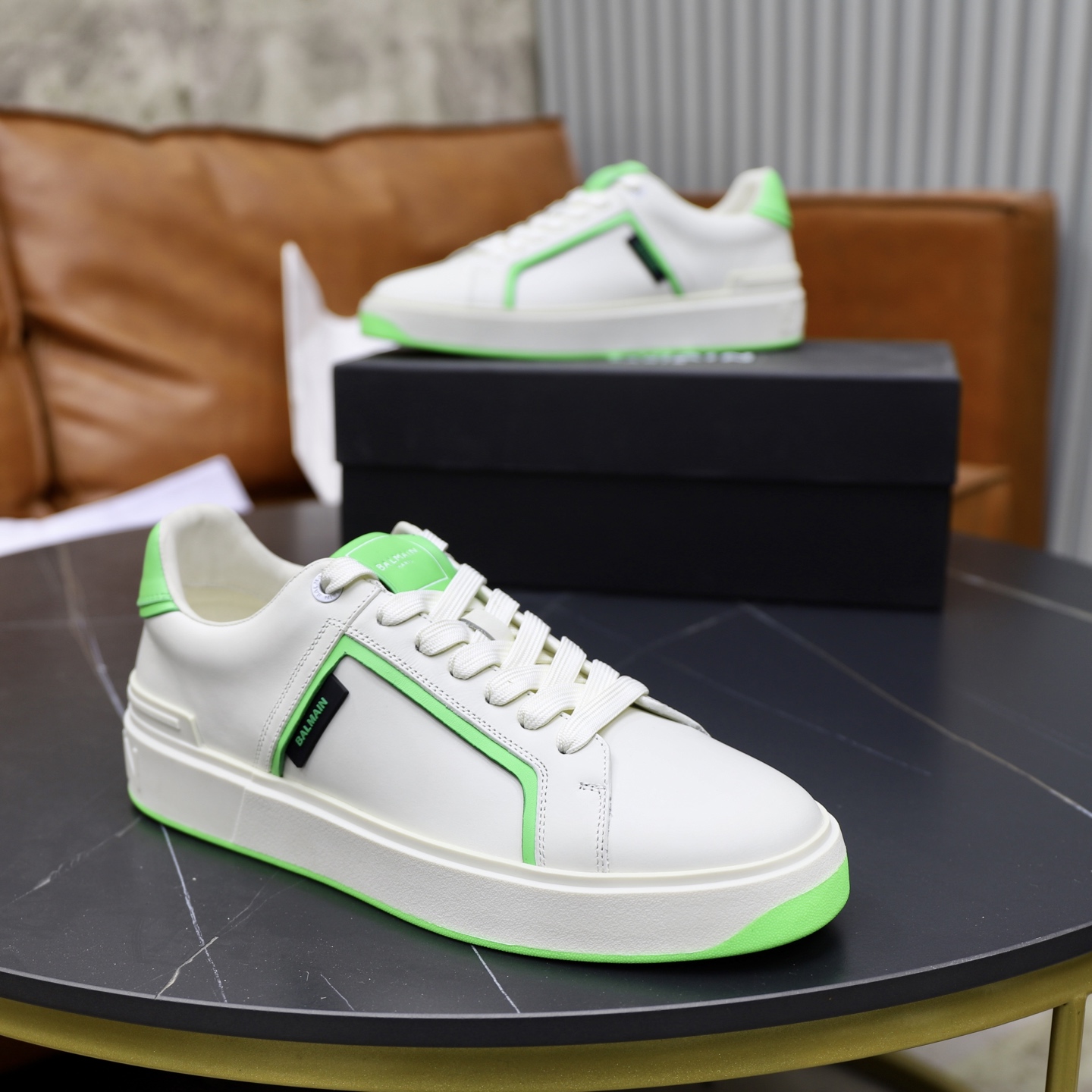 Balmain Men's White Leather Sneaker with Neon Green Trim, Sizes 39-44 9 i1744733496248 316 0 7