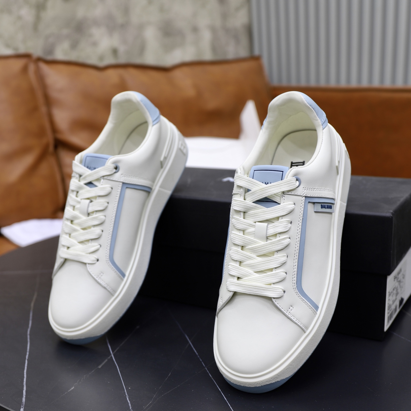 Balmain Men's White Leather Sneakers with Light Blue Trim, Sizes 39-44 7 i1744733504925 1590 0 5