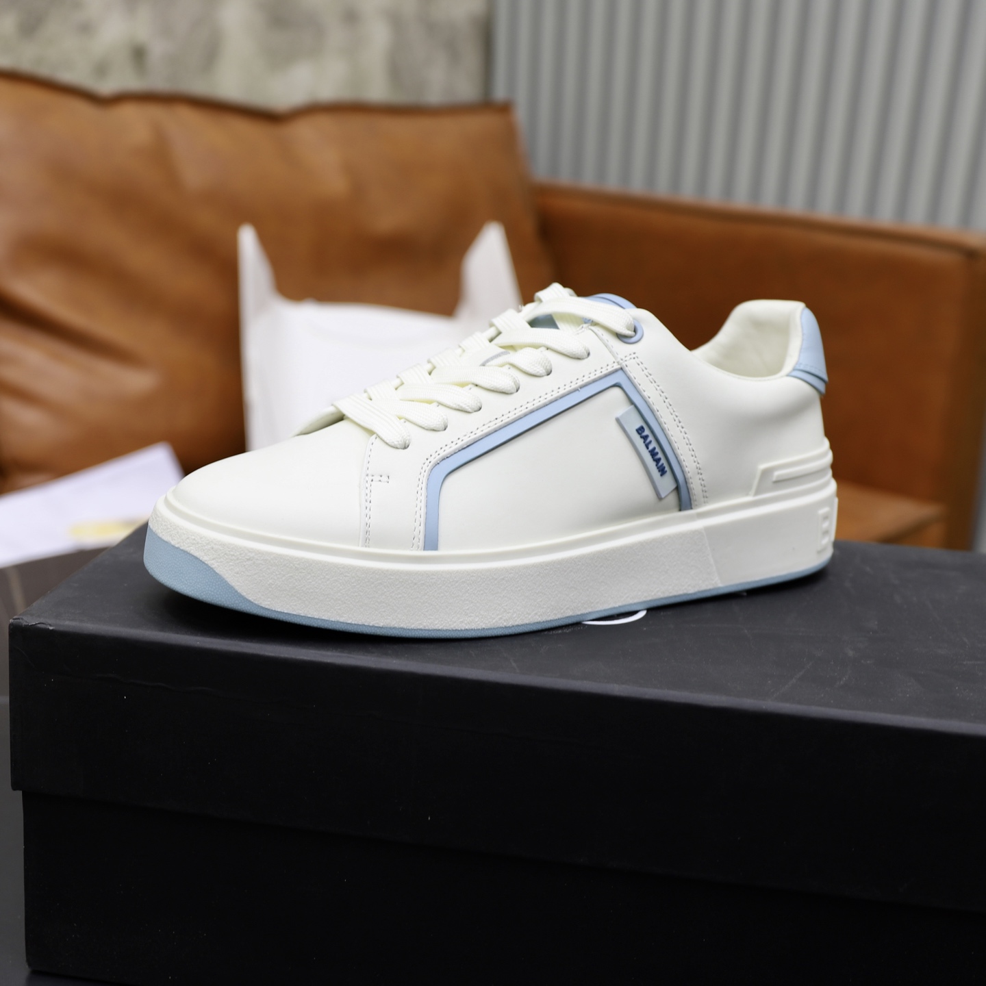 Balmain Men's White Leather Sneakers with Light Blue Trim, Sizes 39-44 5 i1744733504953 2106 0 3