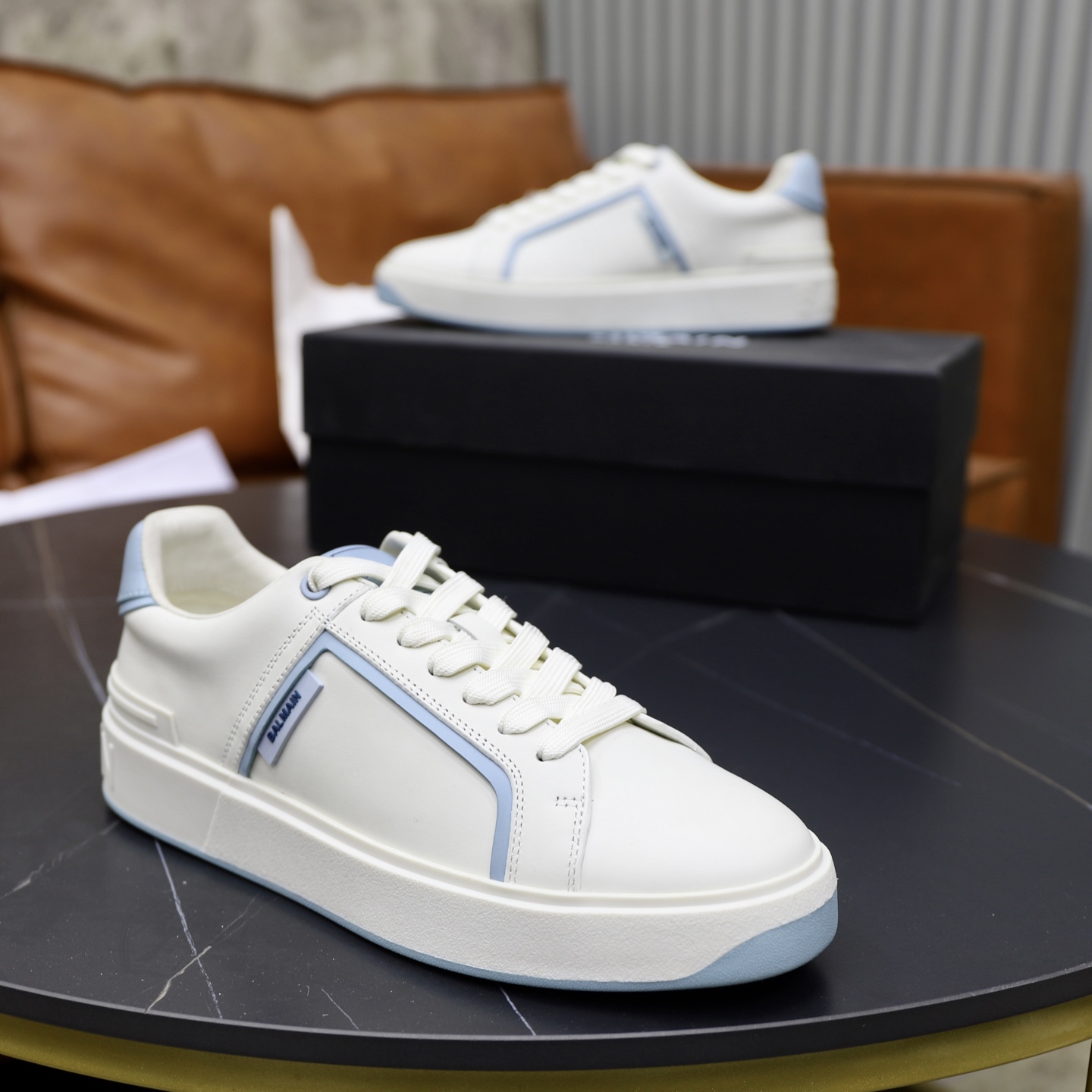 Balmain Men's White Leather Sneakers with Light Blue Trim, Sizes 39-44 9 i1744733505020 4303 0 7