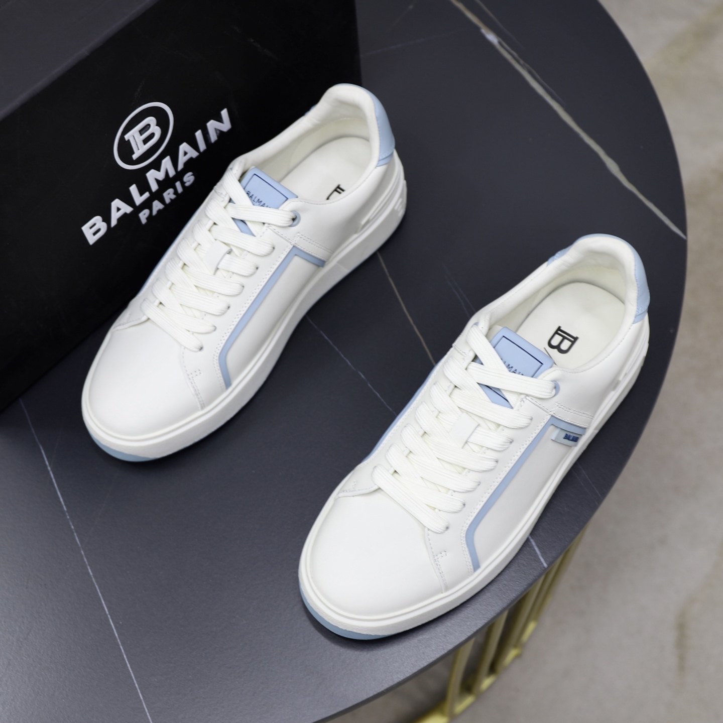 Balmain Men's White Leather Sneakers with Light Blue Trim, Sizes 39-44 3 i1744733505043 910 0 1