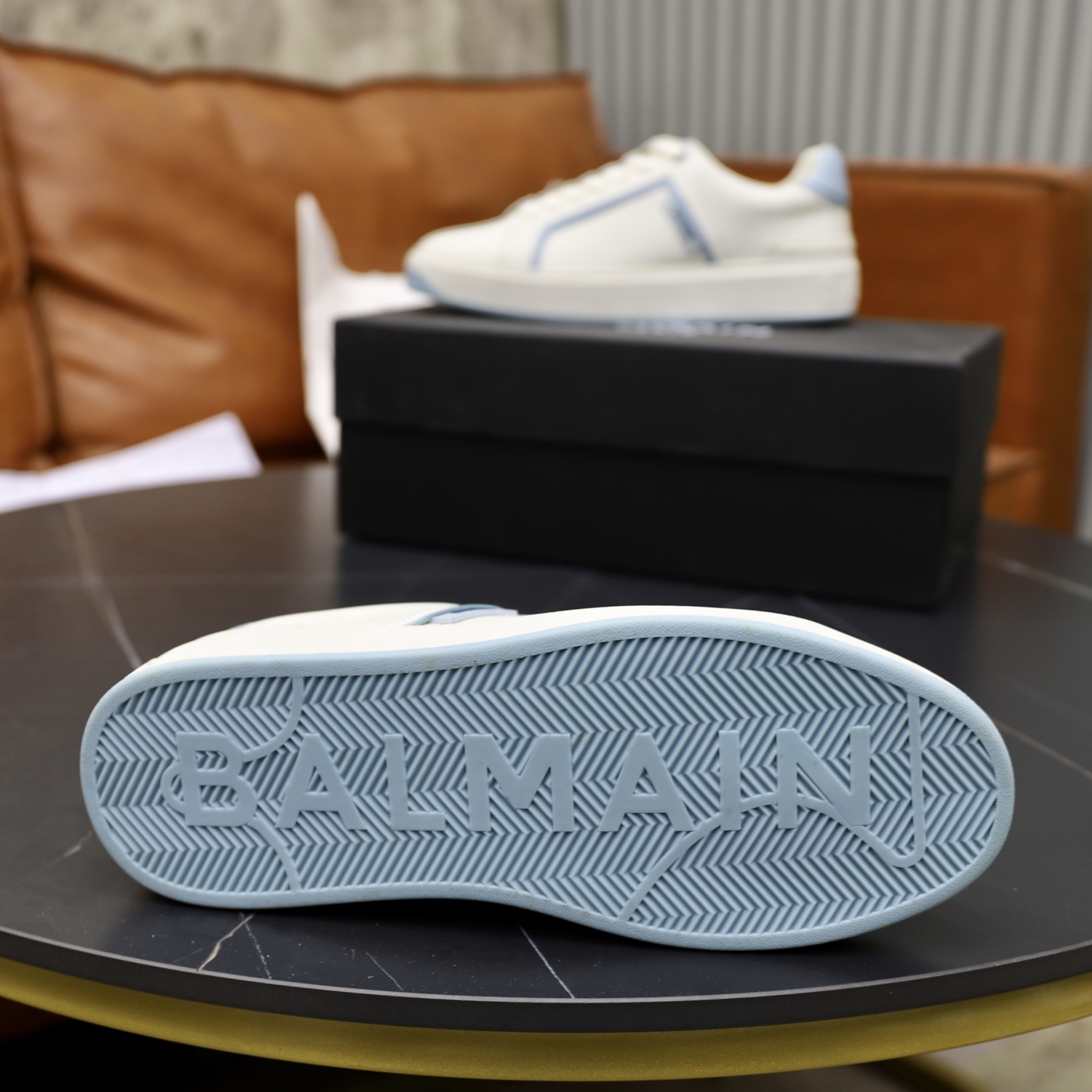 Balmain Men's White Leather Sneakers with Light Blue Trim, Sizes 39-44 10 i1744733505052 9974 0 8