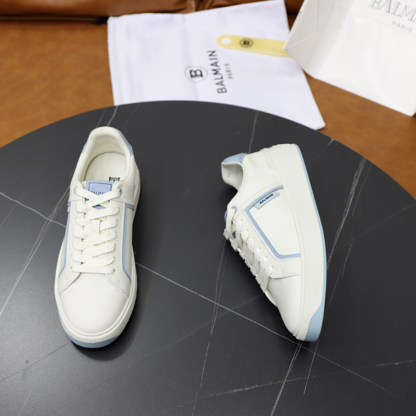 Balmain Men's White Leather Sneakers with Light Blue Trim, Sizes 39-44 8 i1744733506235 5887 0 6