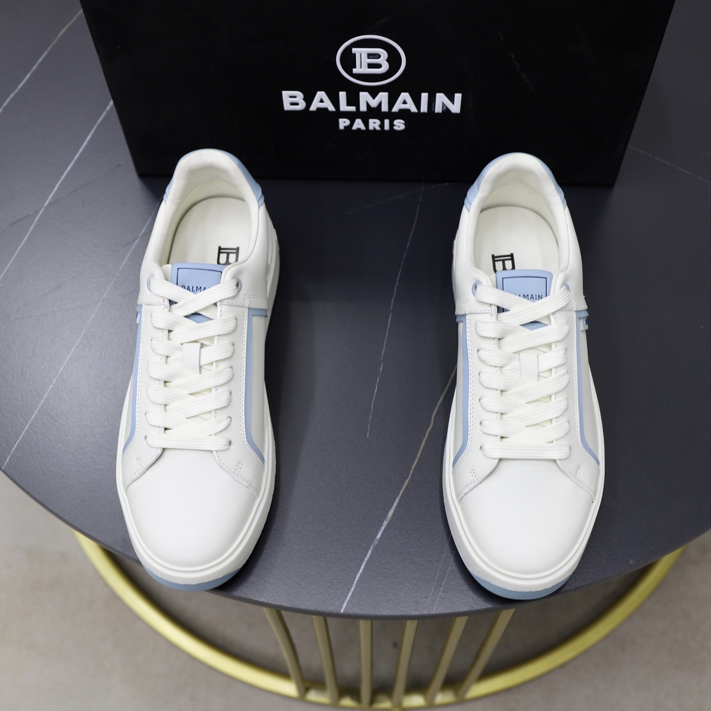 Balmain Men's White Leather Sneakers with Light Blue Trim, Sizes 39-44 2 i1744733506260 8852 0 0
