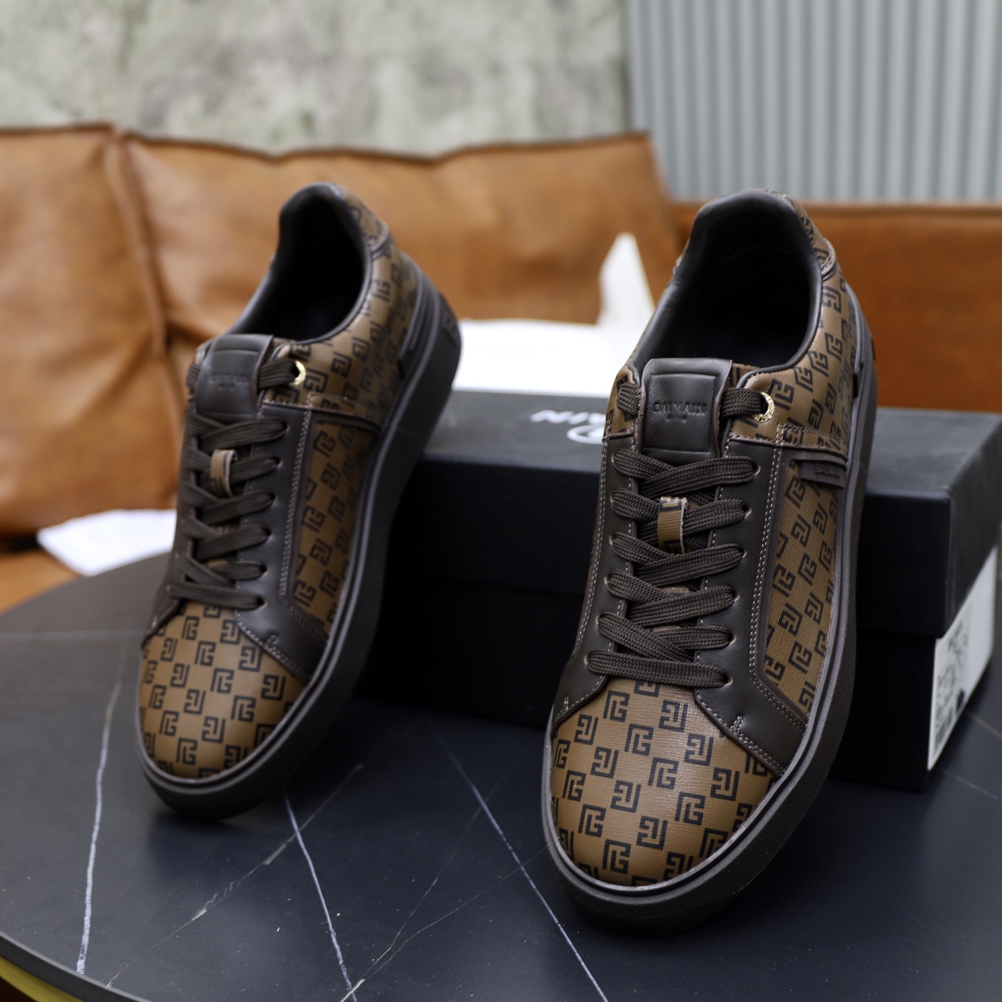 Balmain Men's Brown Leather Embossed Logo Lace-Up Sneakers, Sizes 39-44 7 i1744733537434 2527 0 5