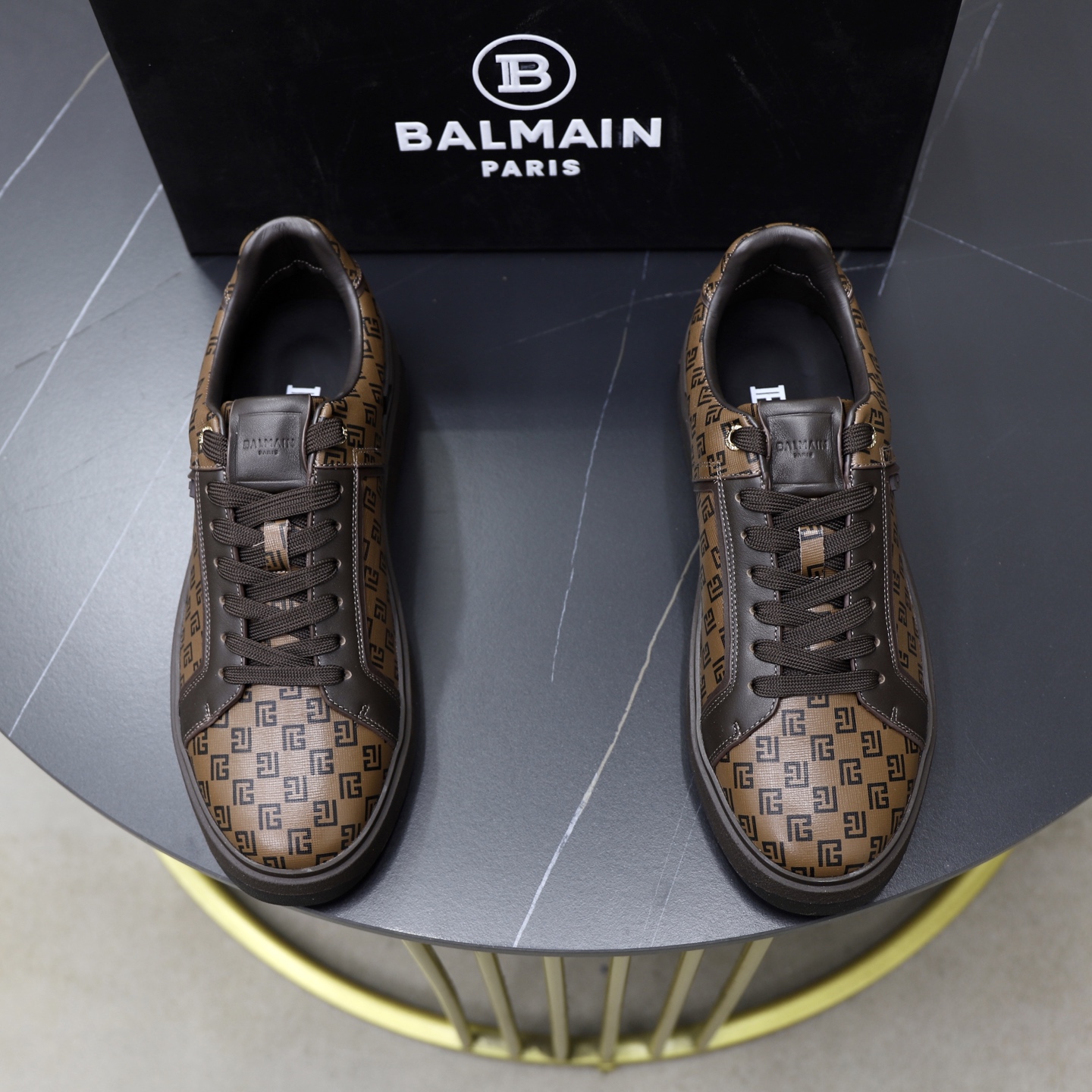 Balmain Men's Brown Leather Embossed Logo Lace-Up Sneakers, Sizes 39-44 2 i1744733538659 8759 0 0