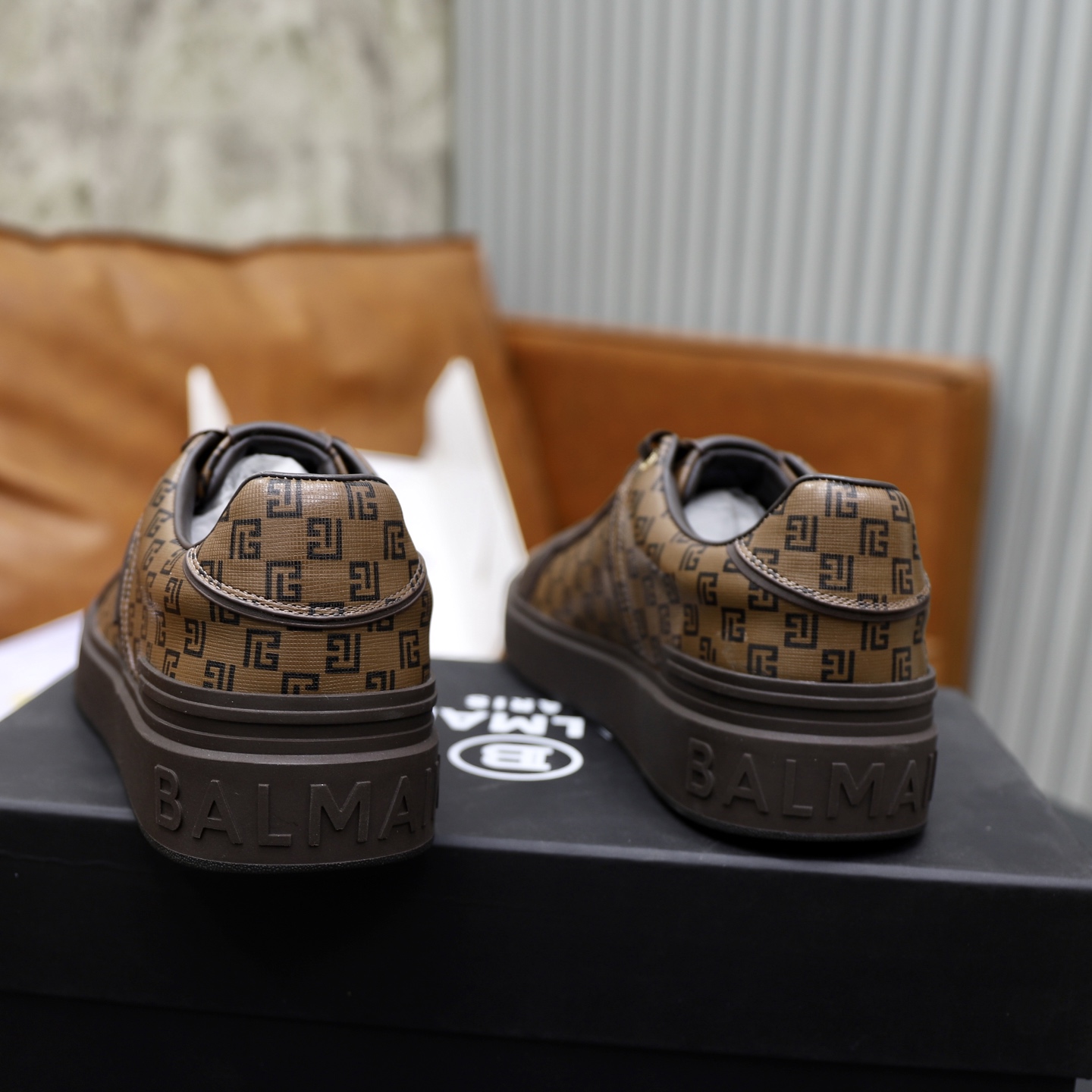 Balmain Men's Brown Leather Embossed Logo Lace-Up Sneakers, Sizes 39-44 6 i1744733538661 5847 0 4