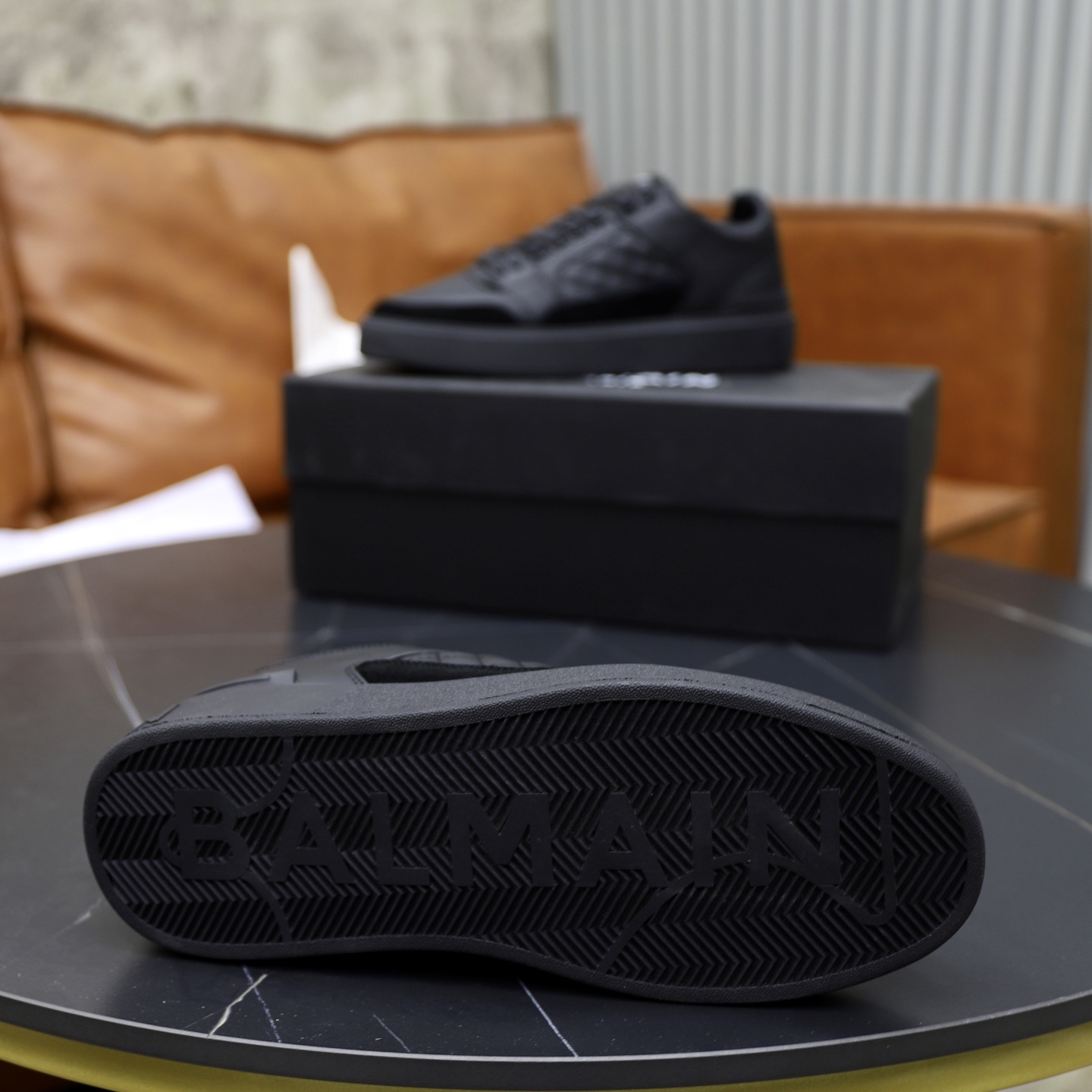 Balmain Men's Black Leather Low-Top Sneakers with Embossed Upper 10 i1744733554638 1896 0 8