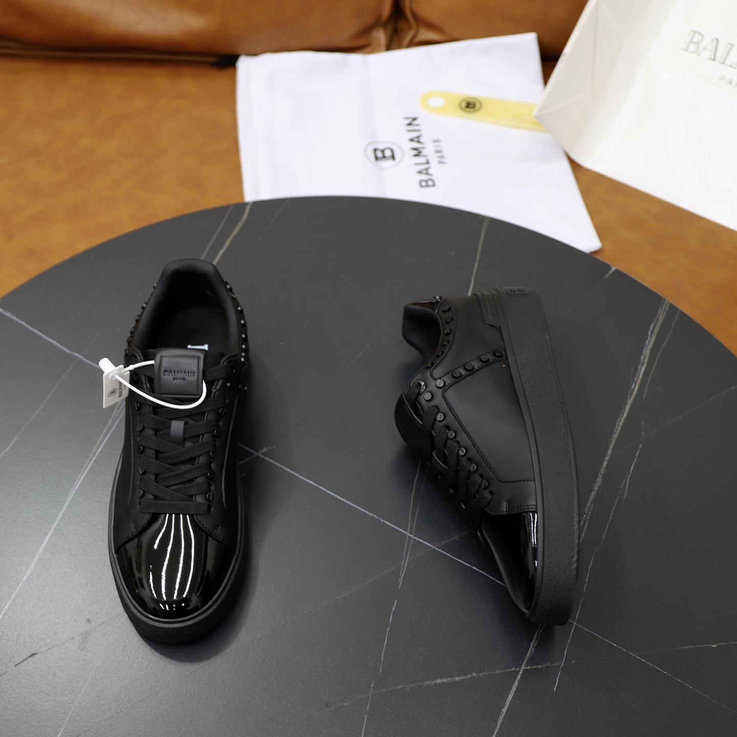 Balmain Men's Black Leather Lace-Up Sneakers with Embossed Detailing 8 i1744733623975 9845 0 6