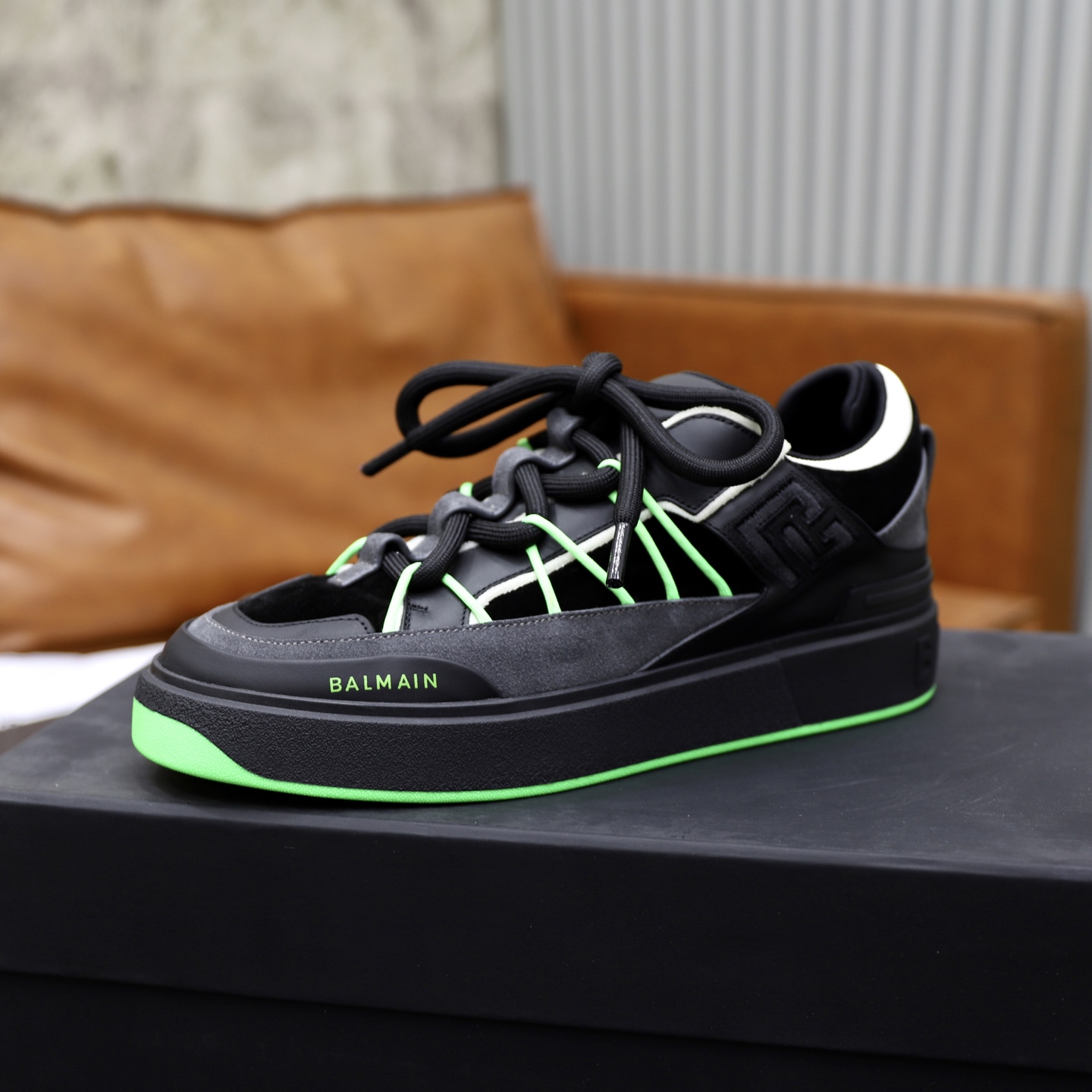 Balmain Men's Slip-On Sneakers with Embossed Leather - Black and Green 5 i1744733677100 7447 0 3