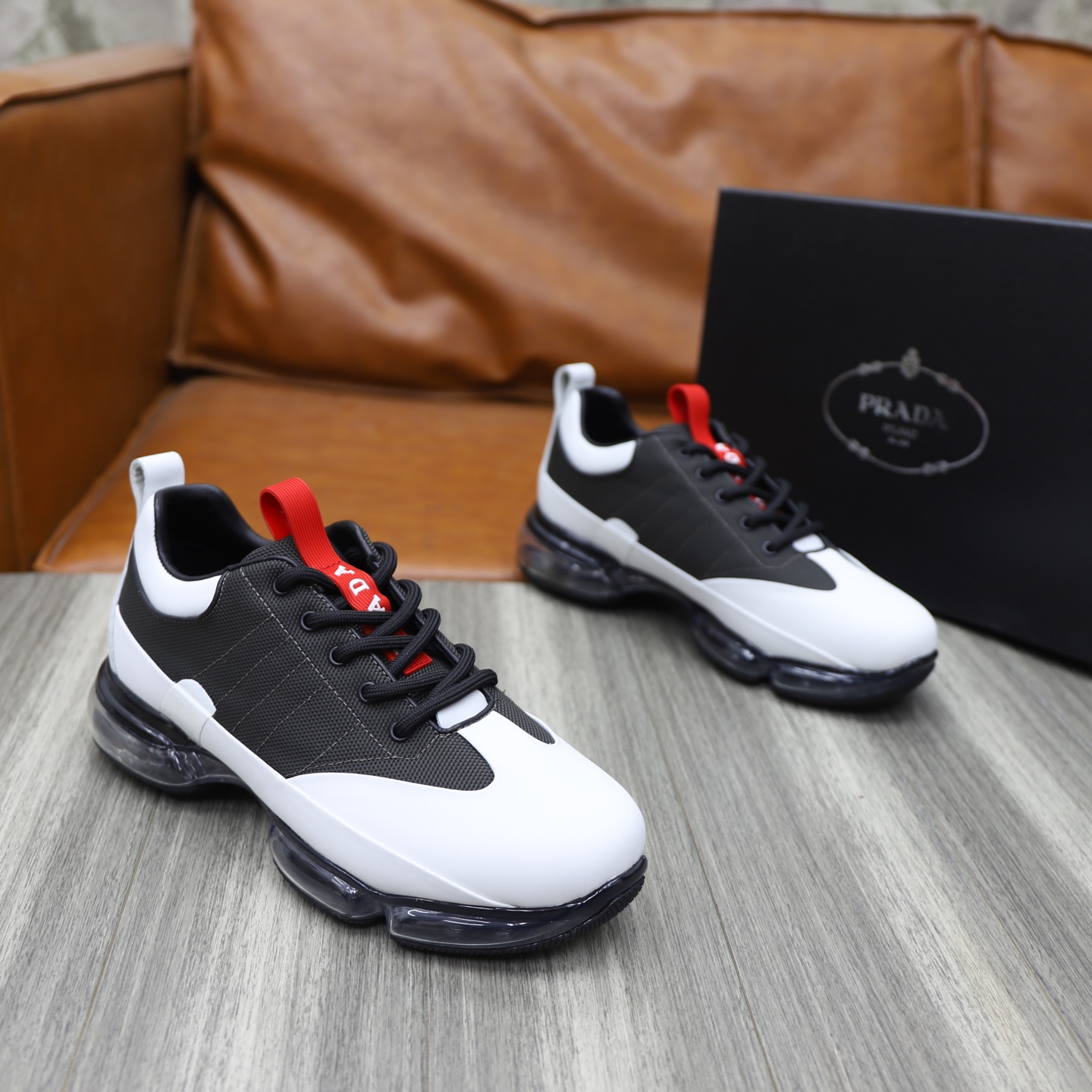 Prada Men's White/Green Leather & Fabric Sneakers - Classic Cushion Design 5 i1744820156741 5403 0 3