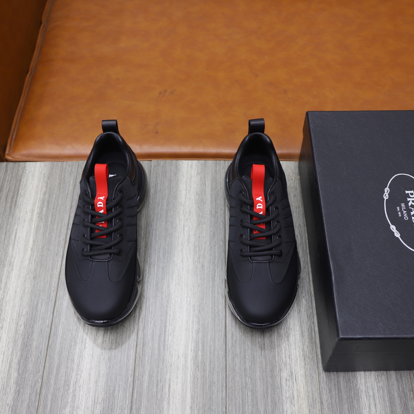 Prada Men's Black Leather & Fabric Air Cushion Sneakers - Size 39-44 1 Prada Men's Black Leather & Fabric Air Cushion Sneakers - Size 39-44