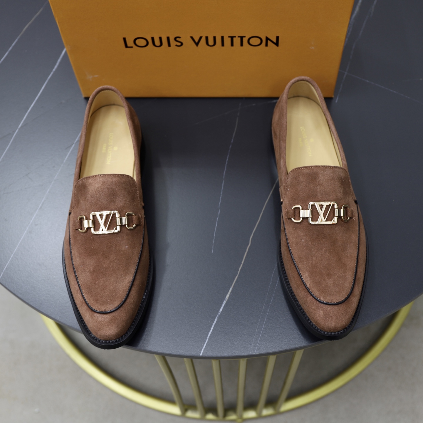 Louis Vuitton Men's Suede Loafers with Signature Buckle - Brown 1 Louis Vuitton Men's Suede Loafers with Signature Buckle - Brown