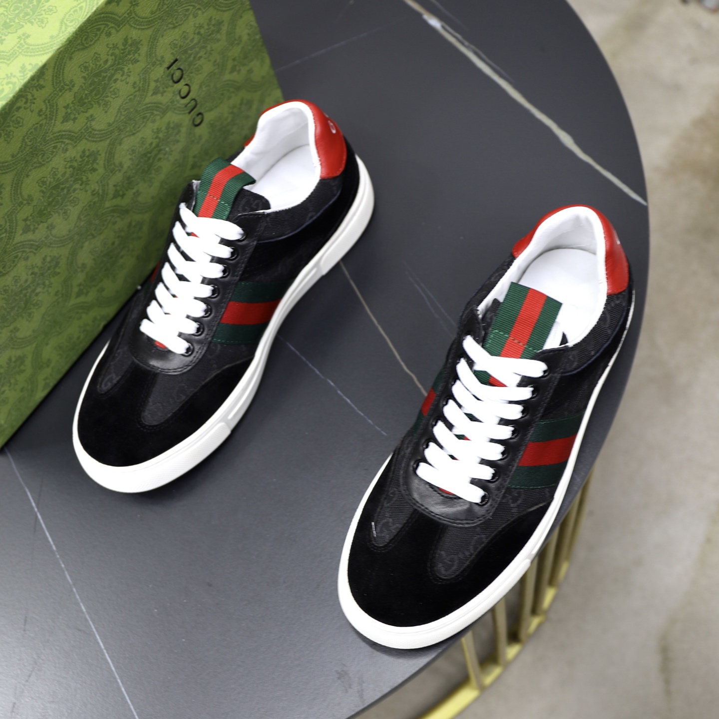 Gucci Men's Black Sneakers with Signature Web Stripe and Red Heel 3 i1751126992698 813 0 1