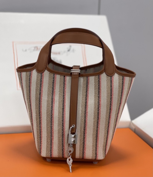 Hermès Picotin 18 Bag Swift Leather and Canvas Striped Gold Brown Silver Buckle 1 Hermès Picotin 18 Bag Swift Leather and Canvas Striped Gold Brown Silver Buckle